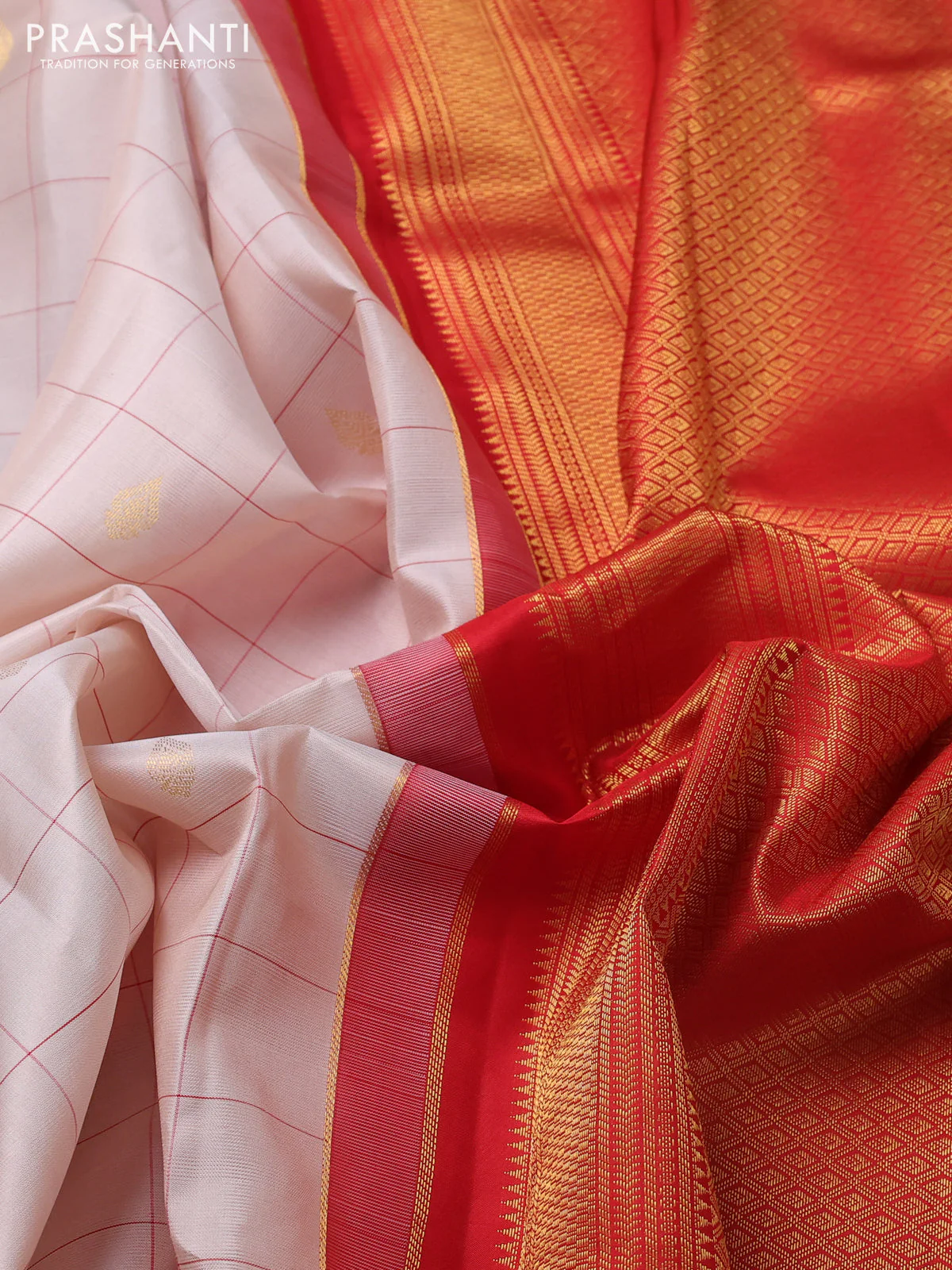 Pure kanchipuram silk saree beige and red with allover checks & buttas and zari woven korvai border - Image 3