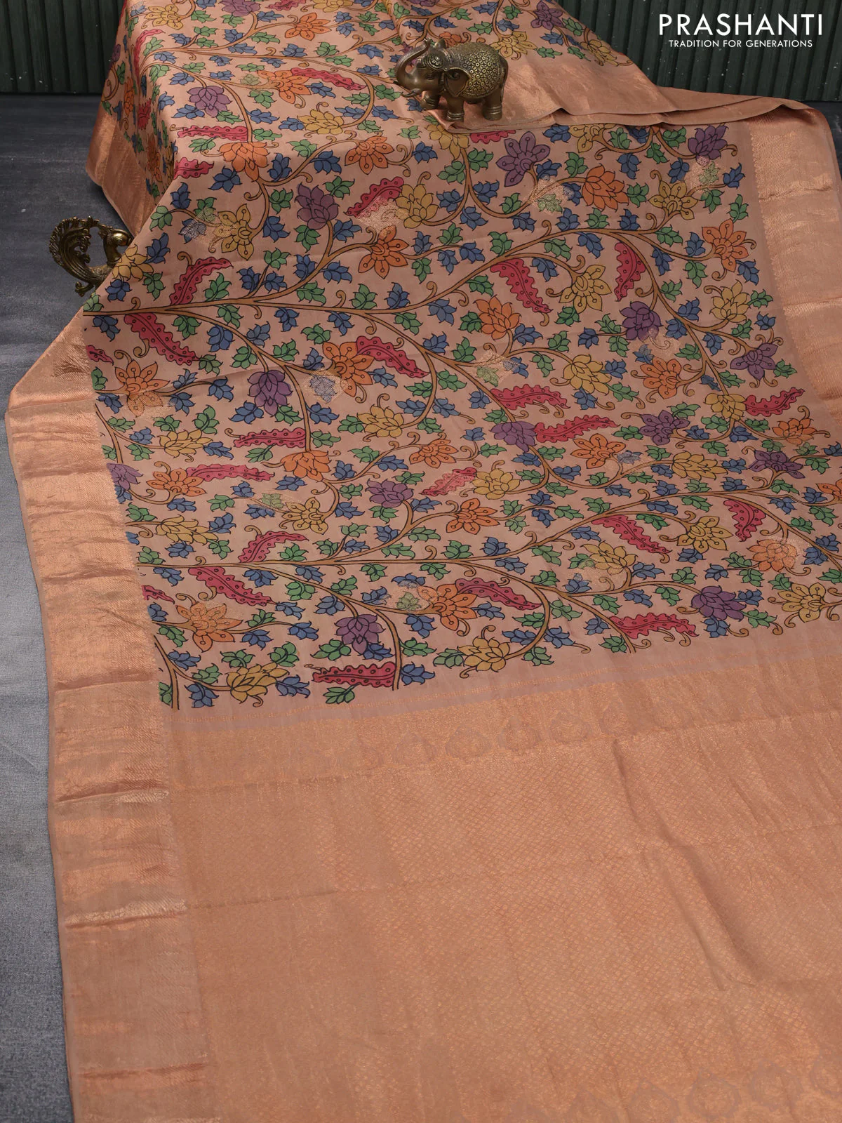 Pure kanchipuram silk saree beige with allover pen kalamkari prints and copper zari woven border - Image 2