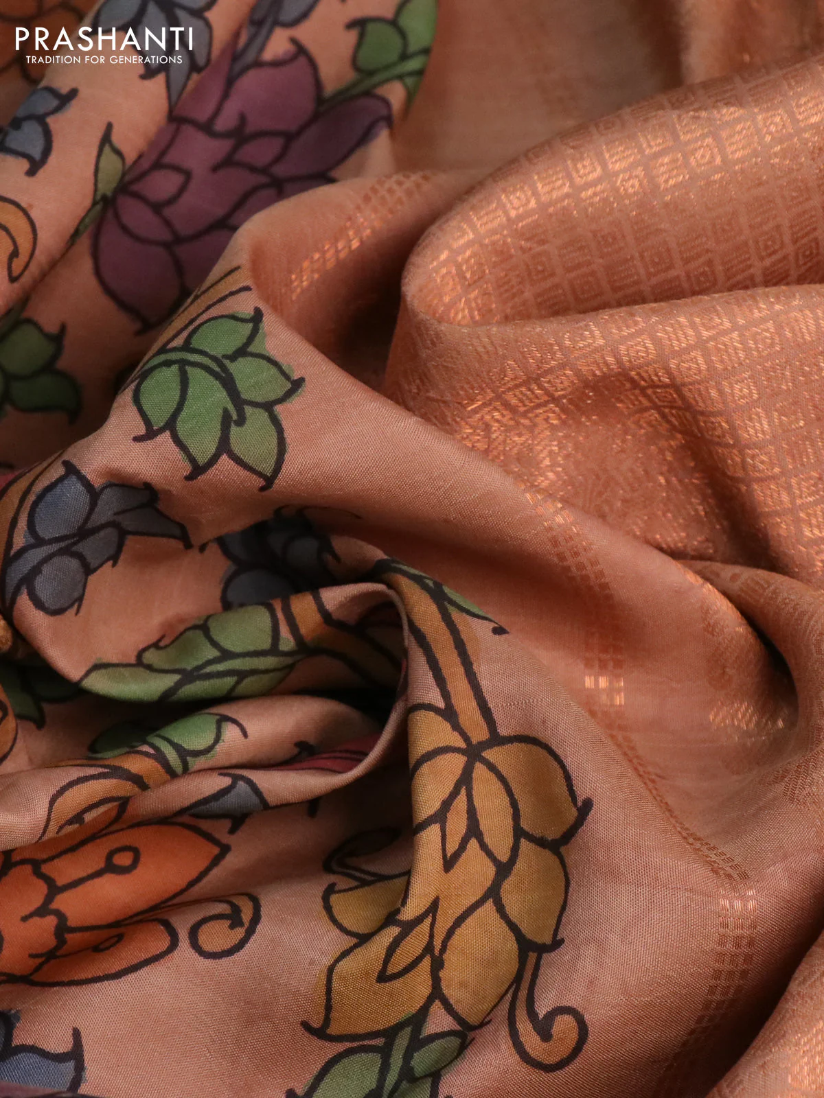 Pure kanchipuram silk saree beige with allover pen kalamkari prints and copper zari woven border - Image 3