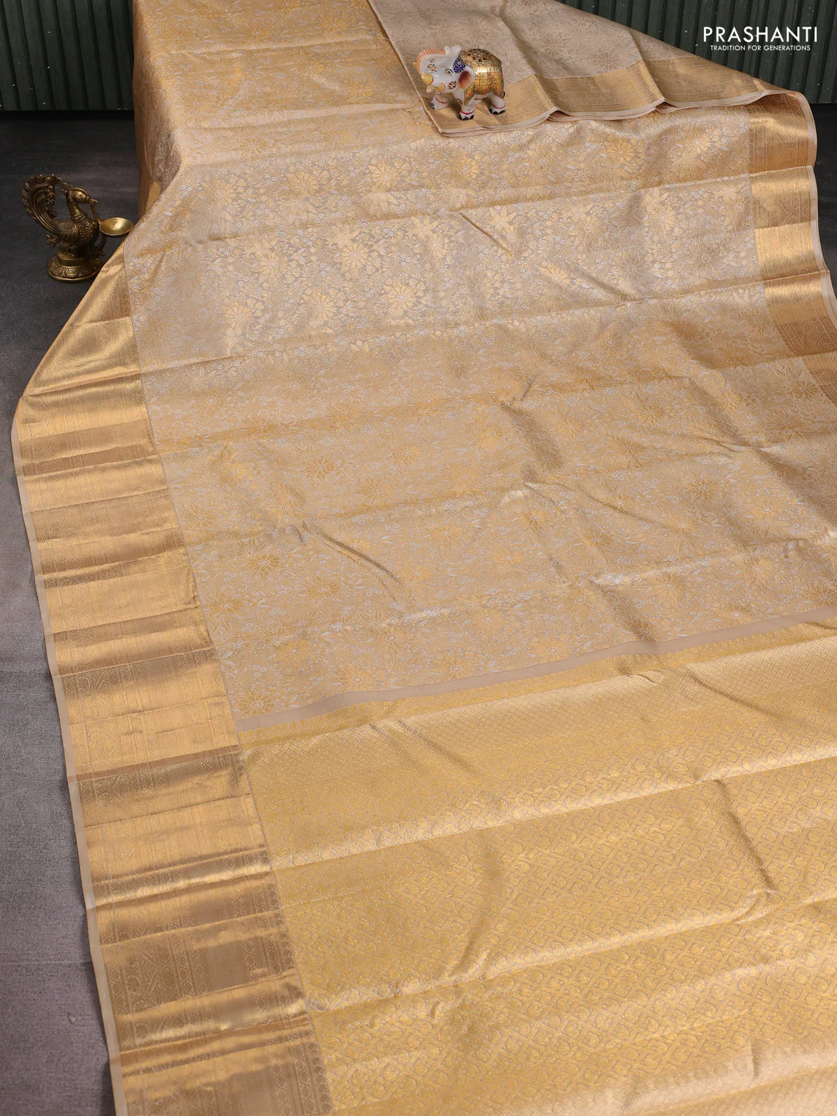 Pure kanchipuram silk saree beige with allover silver & gold zari woven brocade weaves and long rich zari woven border - Image 2