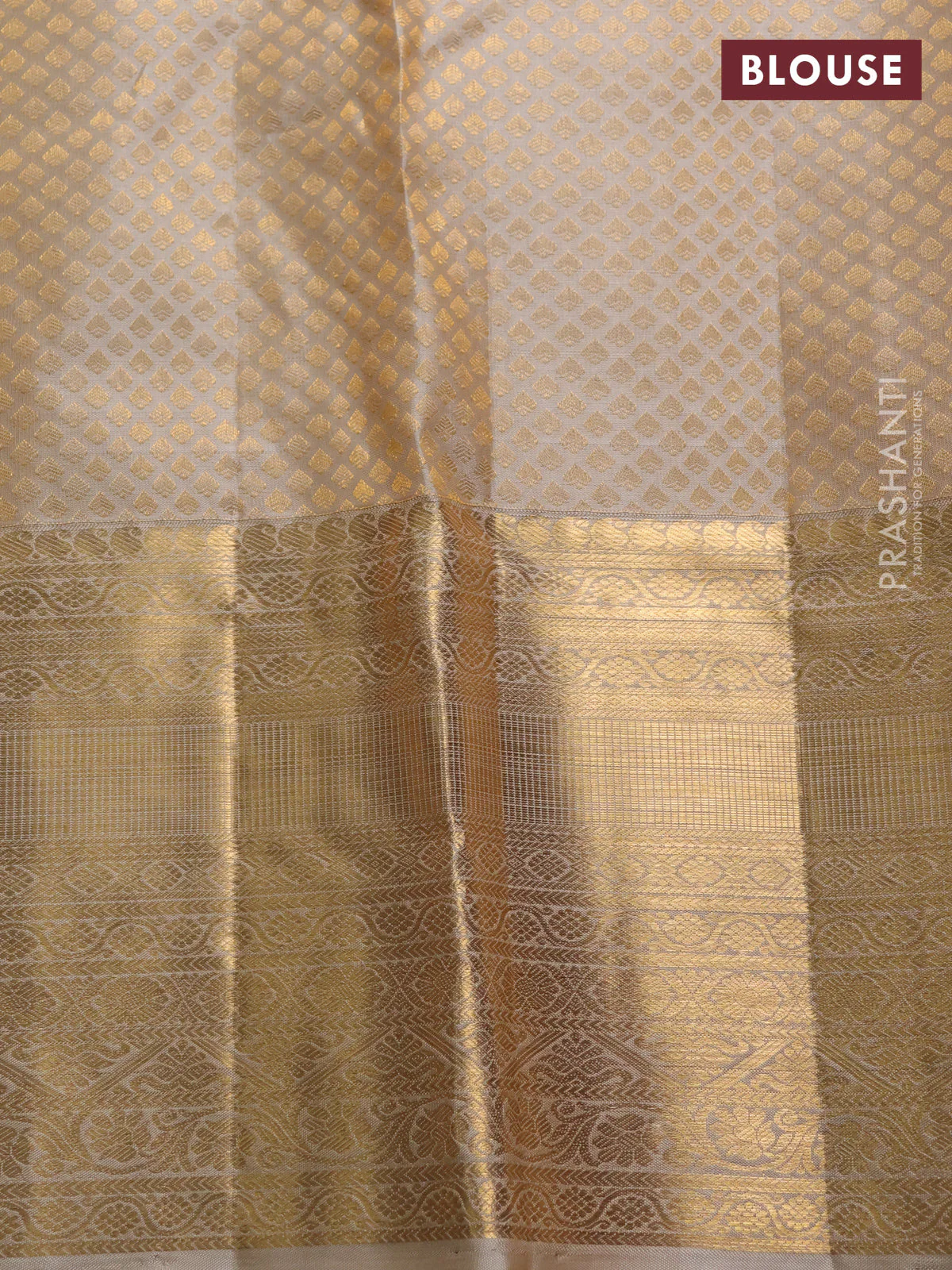 Pure kanchipuram silk saree beige with allover silver & gold zari woven brocade weaves and long rich zari woven border - Image 4