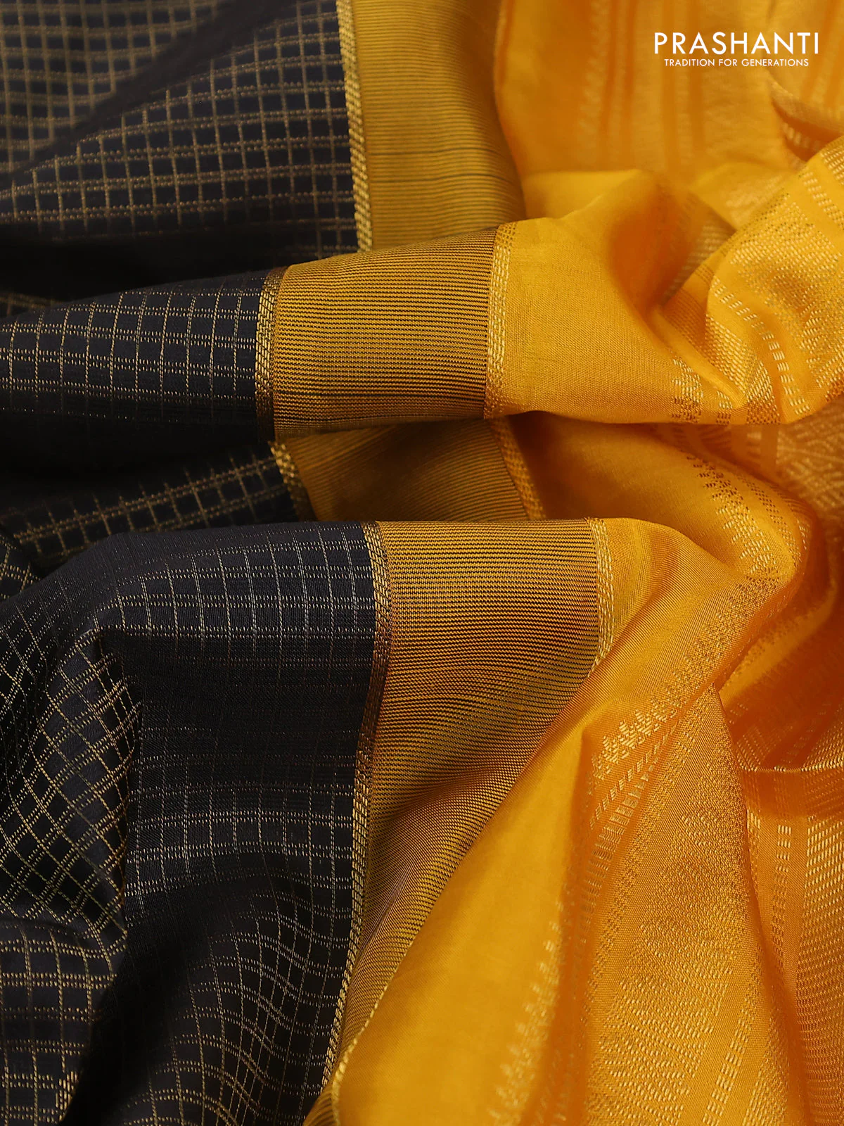 Pure kanchipuram silk saree black and mustard yellow with allover small zari checks & buttas and zari woven korvai border - Image 3