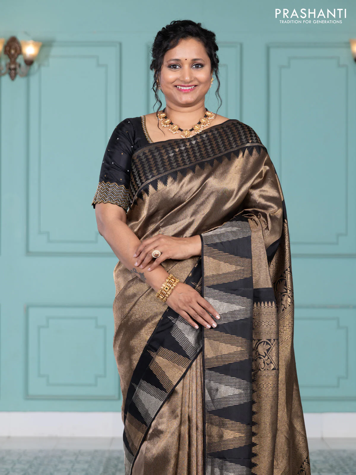 Pure kanchipuram silk saree black with allover zari woven brocade weaves and temple design zari woven border - Image 2
