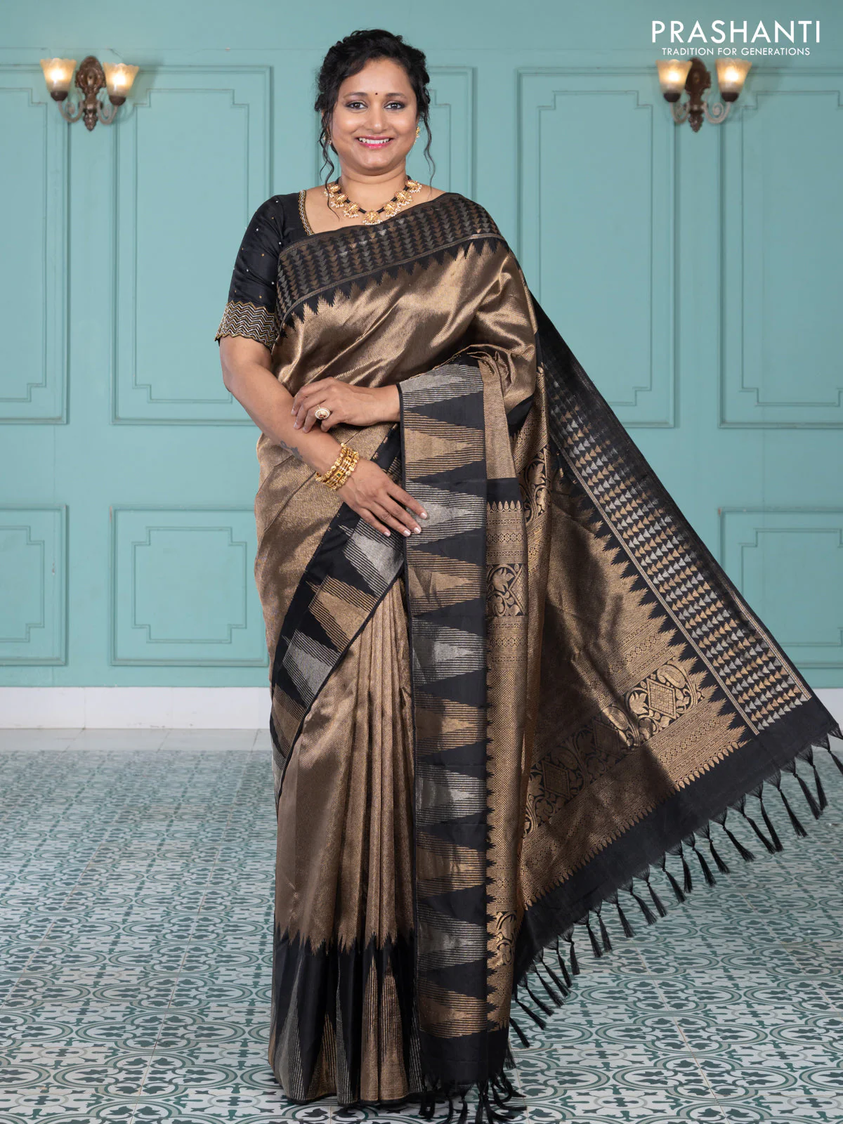 Pure kanchipuram silk saree black with allover zari woven brocade weaves and temple design zari woven border - Image 3
