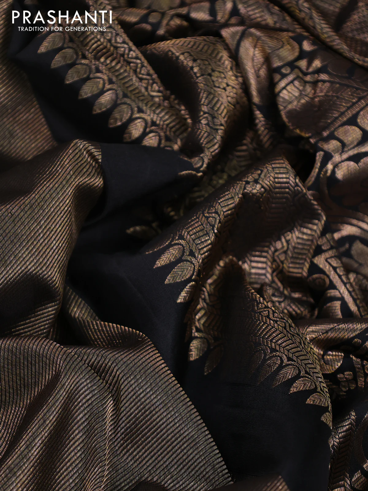 Pure kanchipuram silk saree black with allover zari woven brocade weaves and temple design zari woven border - Image 8