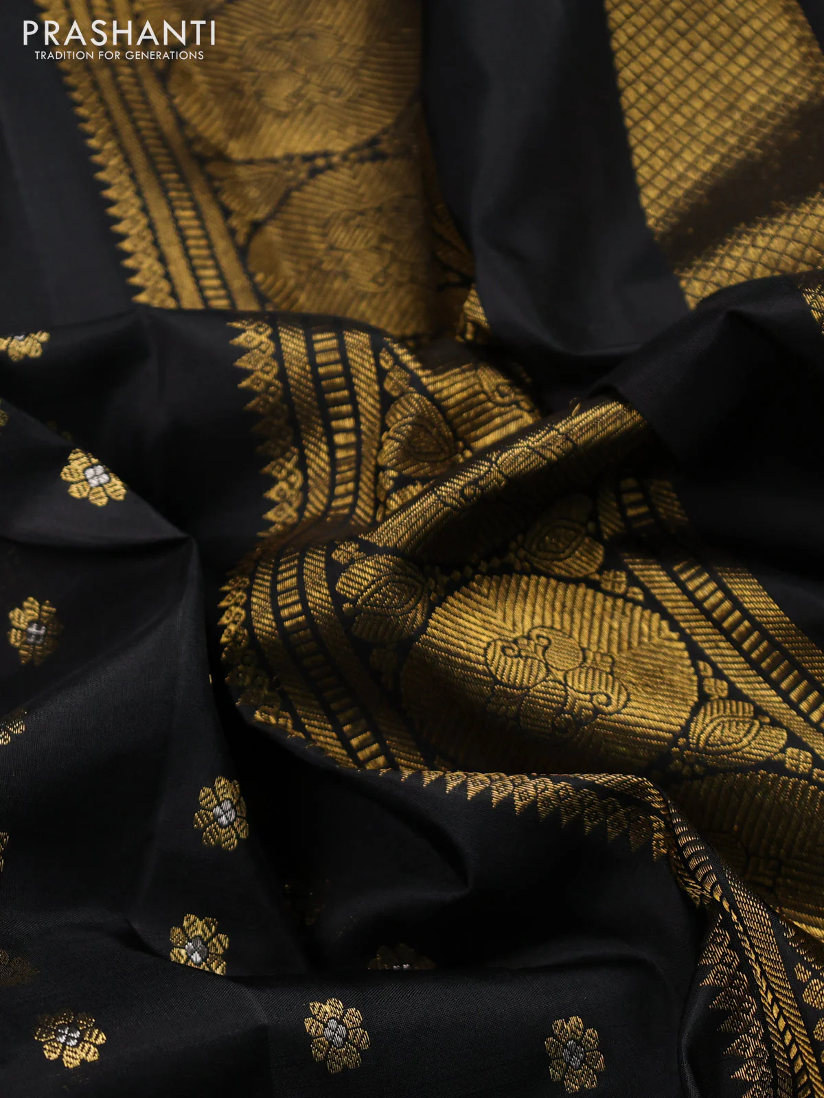 Pure kanchipuram silk saree black with allover zari woven floral buttas and rettapet zari woven border - Image 3