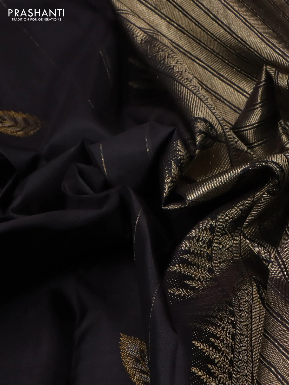 Pure kanchipuram silk saree black with leaf thread & zari woven buttas and long leaf design woven border - Image 7