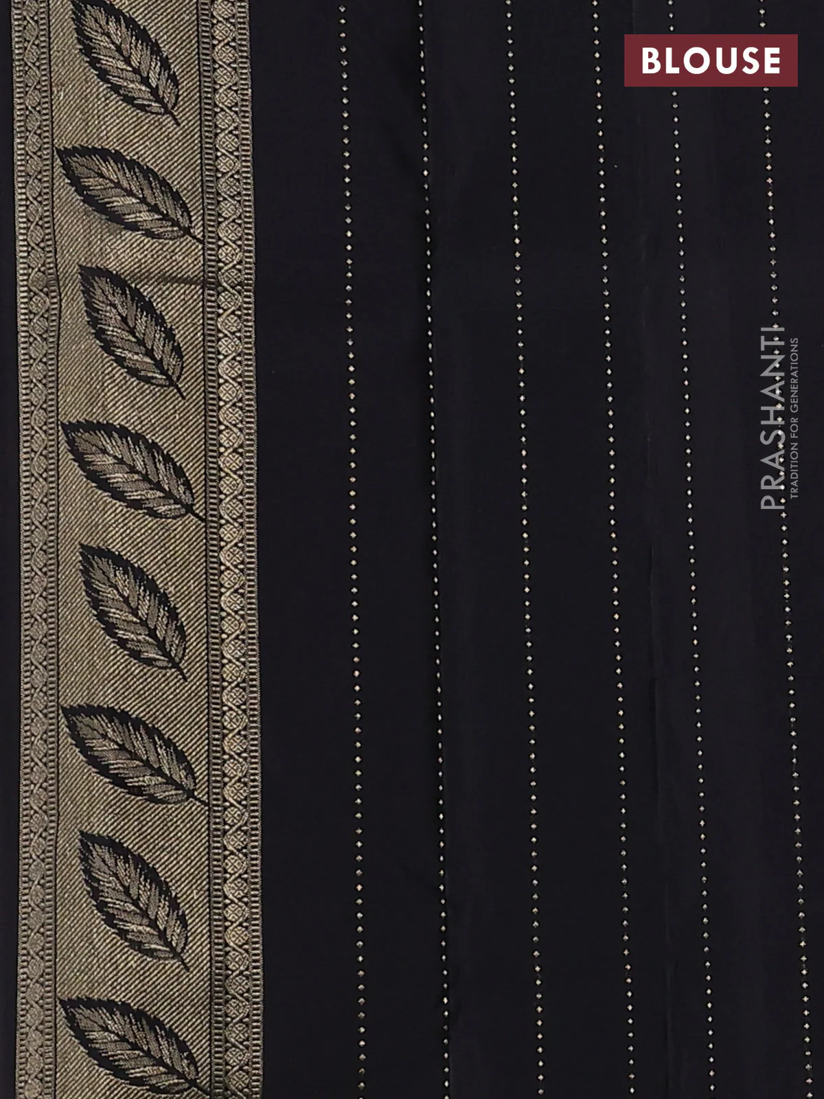 Pure kanchipuram silk saree black with leaf thread & zari woven buttas and long leaf design woven border - Image 8