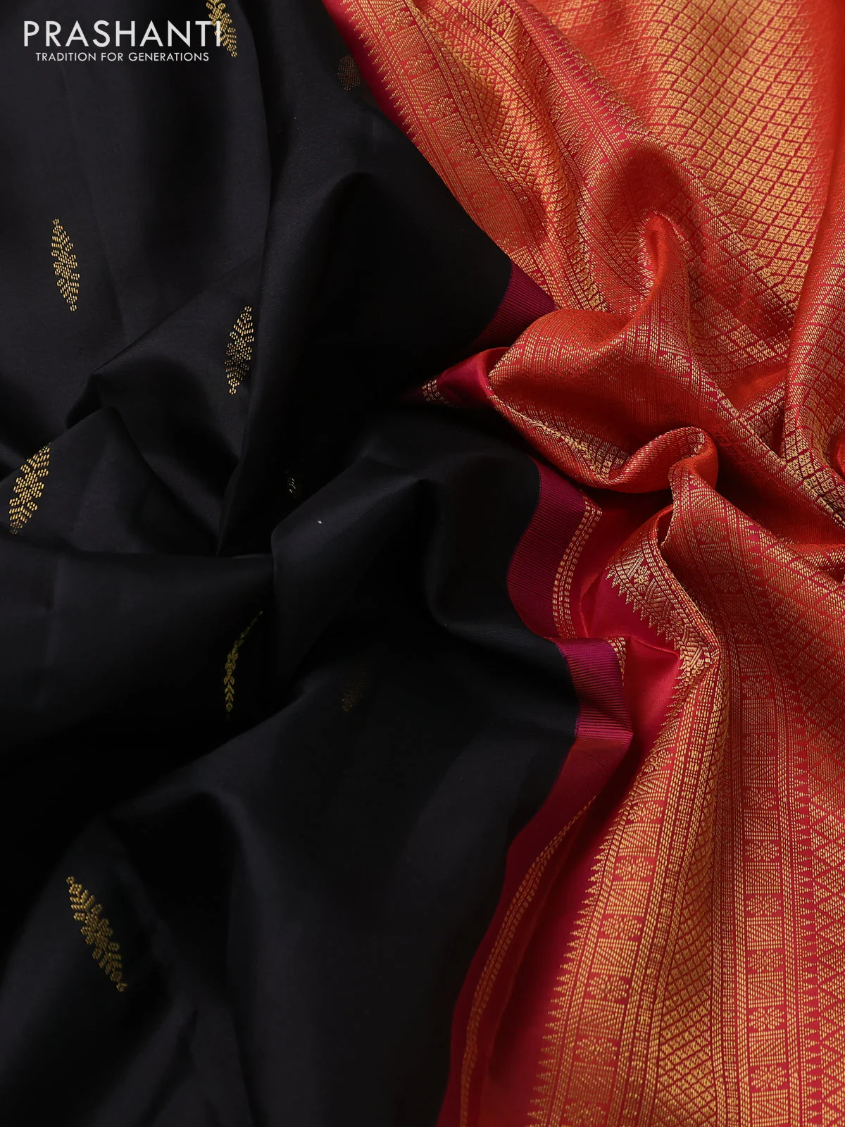 Pure kanchipuram silk saree black with zari woven buttas and ganga jamuna border - Image 3