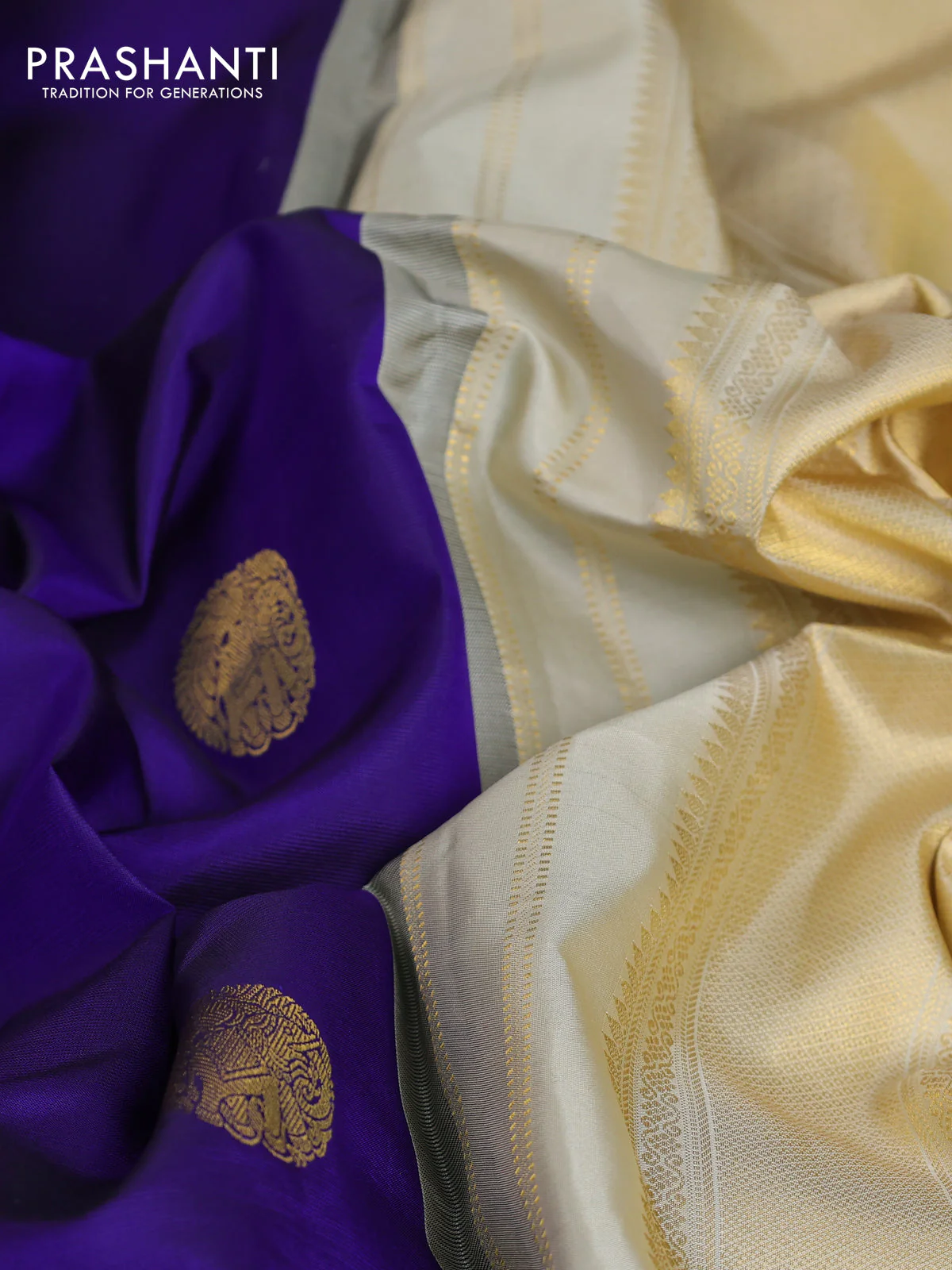 Pure kanchipuram silk saree blue and cream with elephnant zari woven buttas and rich zari woven korvai border - Image 7
