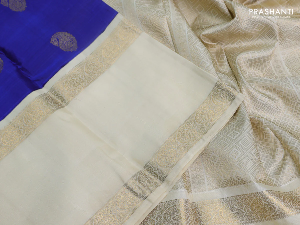 Pure kanchipuram silk saree blue and cream with paisley zari woven buttas and long rettapet zari woven korvai border - Image 3