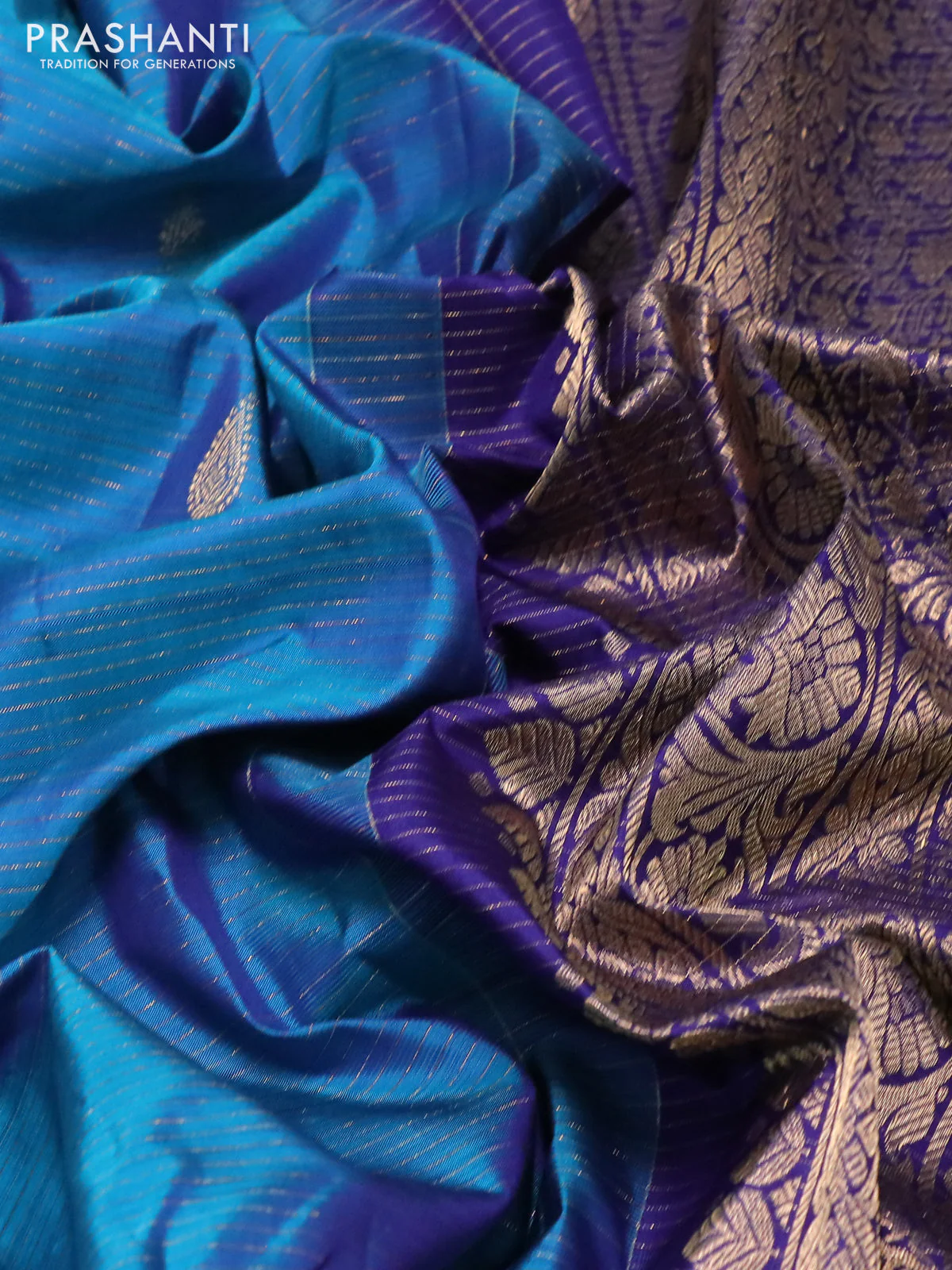 Pure kanchipuram silk saree blue and dark blue with allover zari strip & buttas and rich zari woven border - Image 3