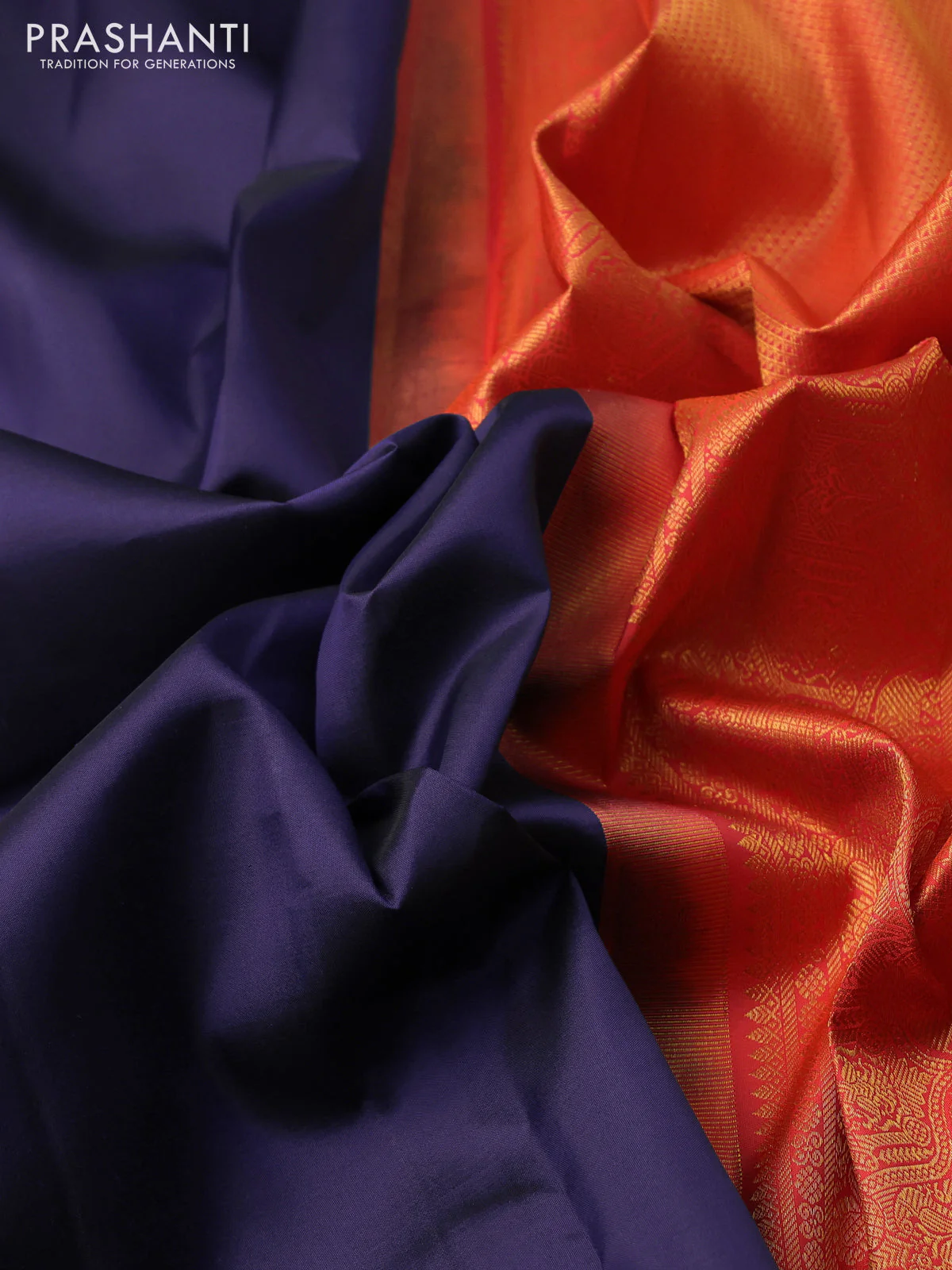 Pure kanchipuram silk saree blue and dual shade of pinkish orange with plain body and zari woven korvai border - Image 3