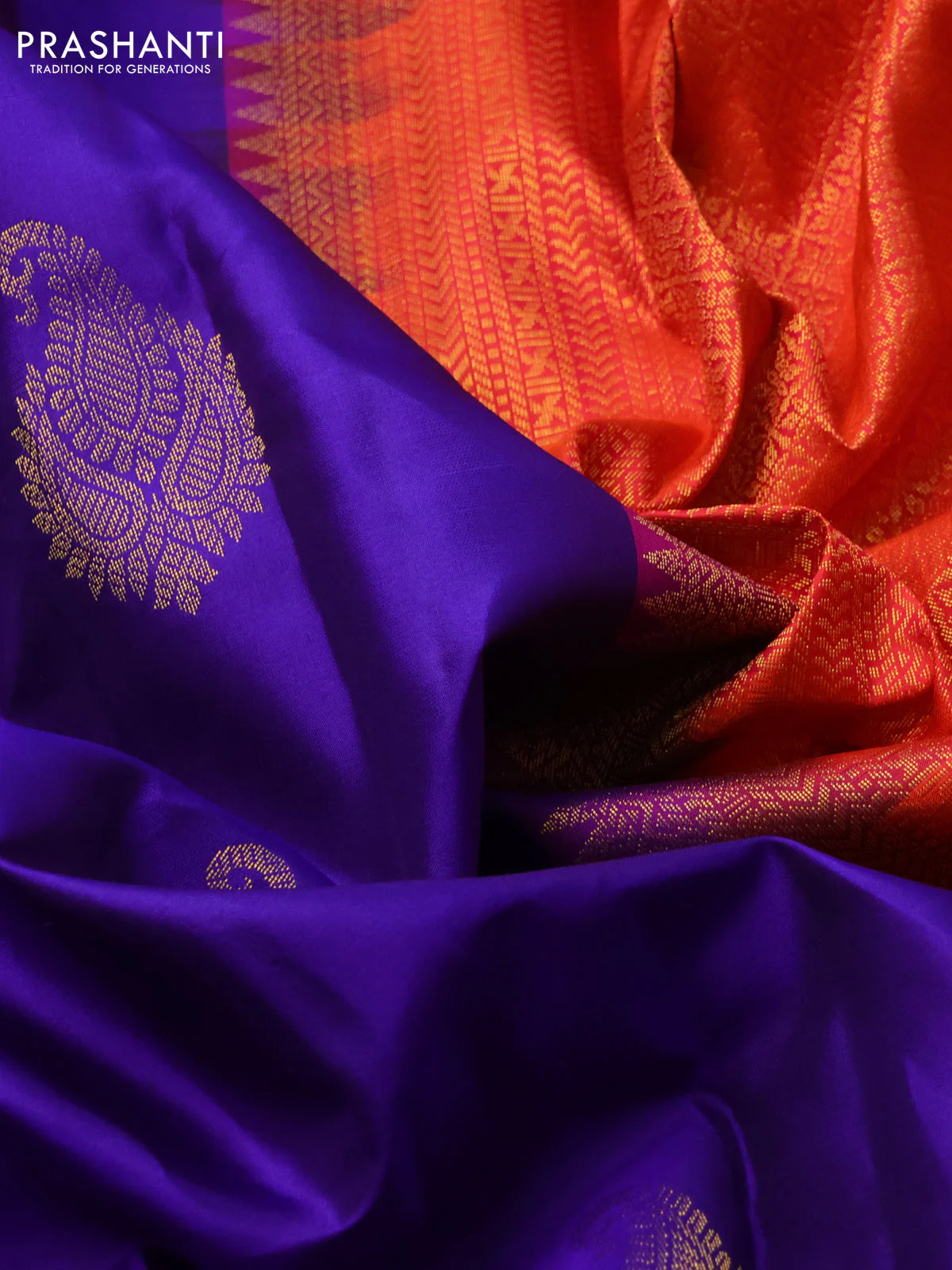 Pure kanchipuram silk saree blue and dual shade of pinkish orange with zari woven buttas and zari woven border - Image 3