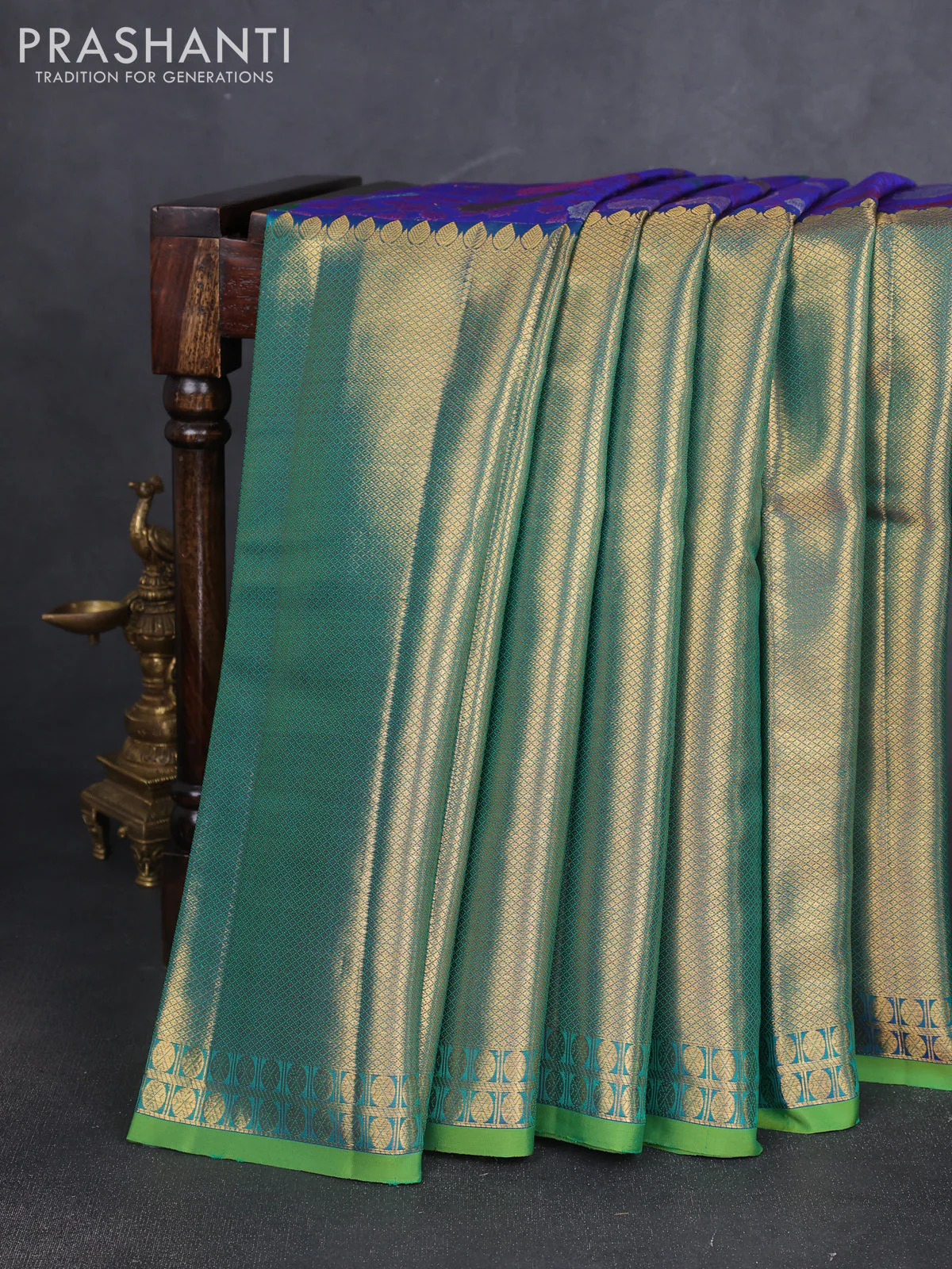 Pure kanchipuram silk saree blue and green with allover mina weaves and long zari woven border - Image 2