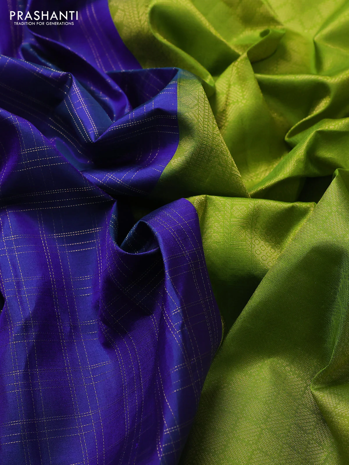 Pure kanchipuram silk saree blue and light green with allover zari checked pattern and simple border - Image 3