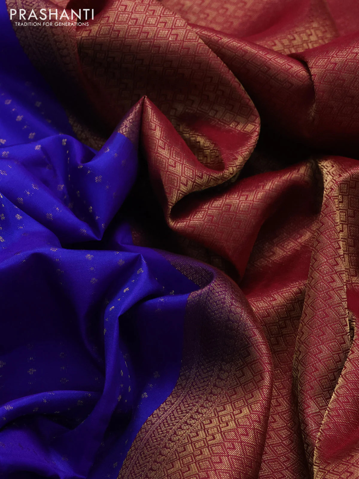 Pure kanchipuram silk saree blue and maroon with allover zari weaves and small zari woven border - Image 3