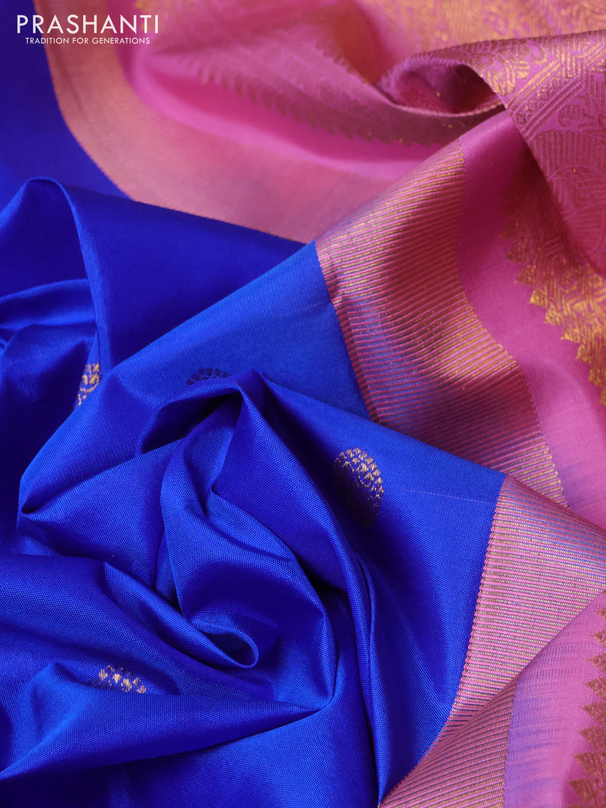 Pure kanchipuram silk saree blue and mauve pink with zari woven buttas and long zari woven border - Image 3
