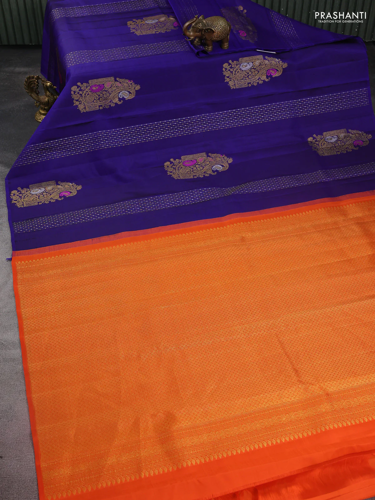 Pure kanchipuram silk saree blue and orange with allover silver & gold zari weaves in borderless style - Image 2