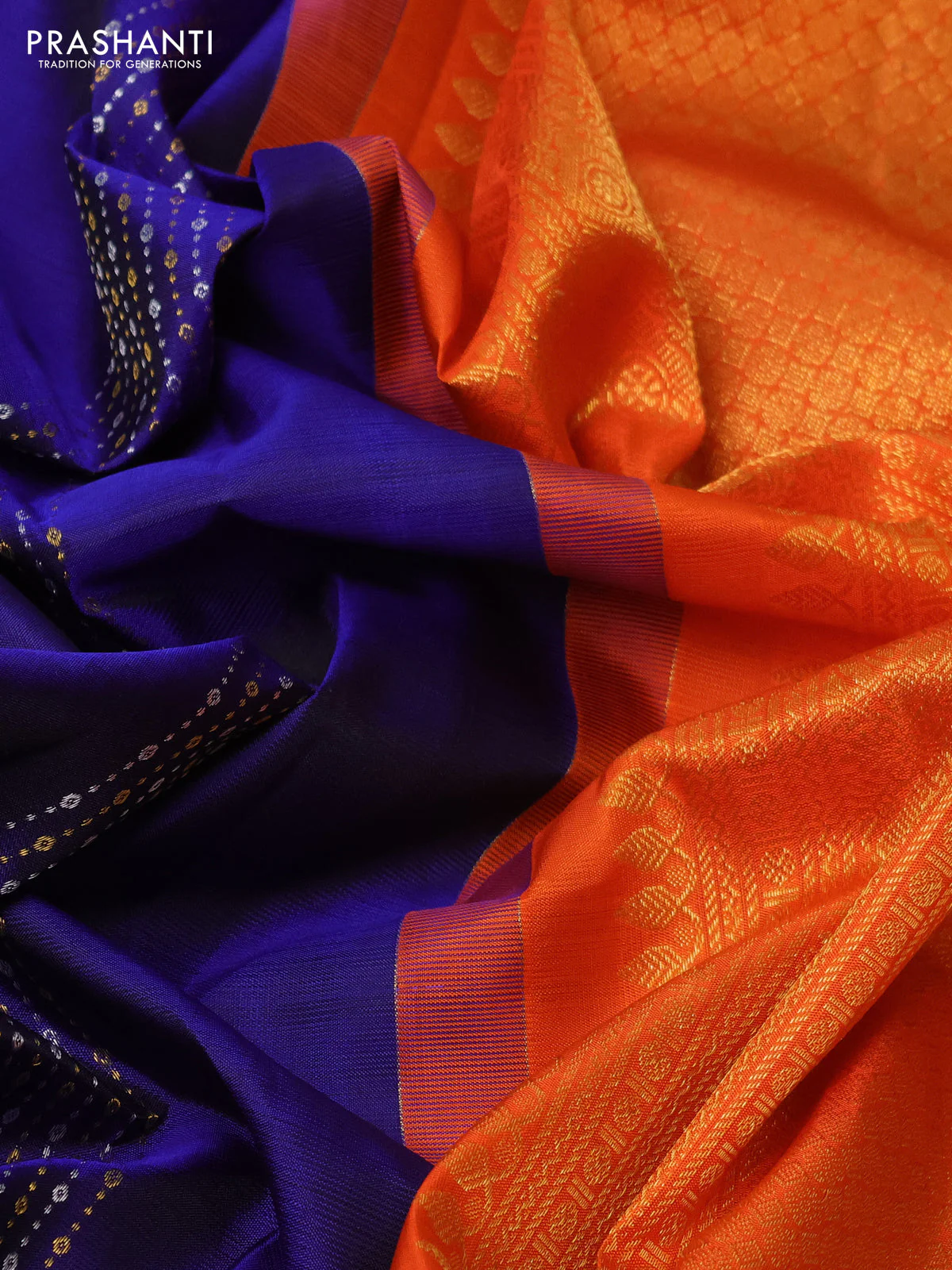 Pure kanchipuram silk saree blue and orange with allover silver & gold zari weaves in borderless style - Image 3