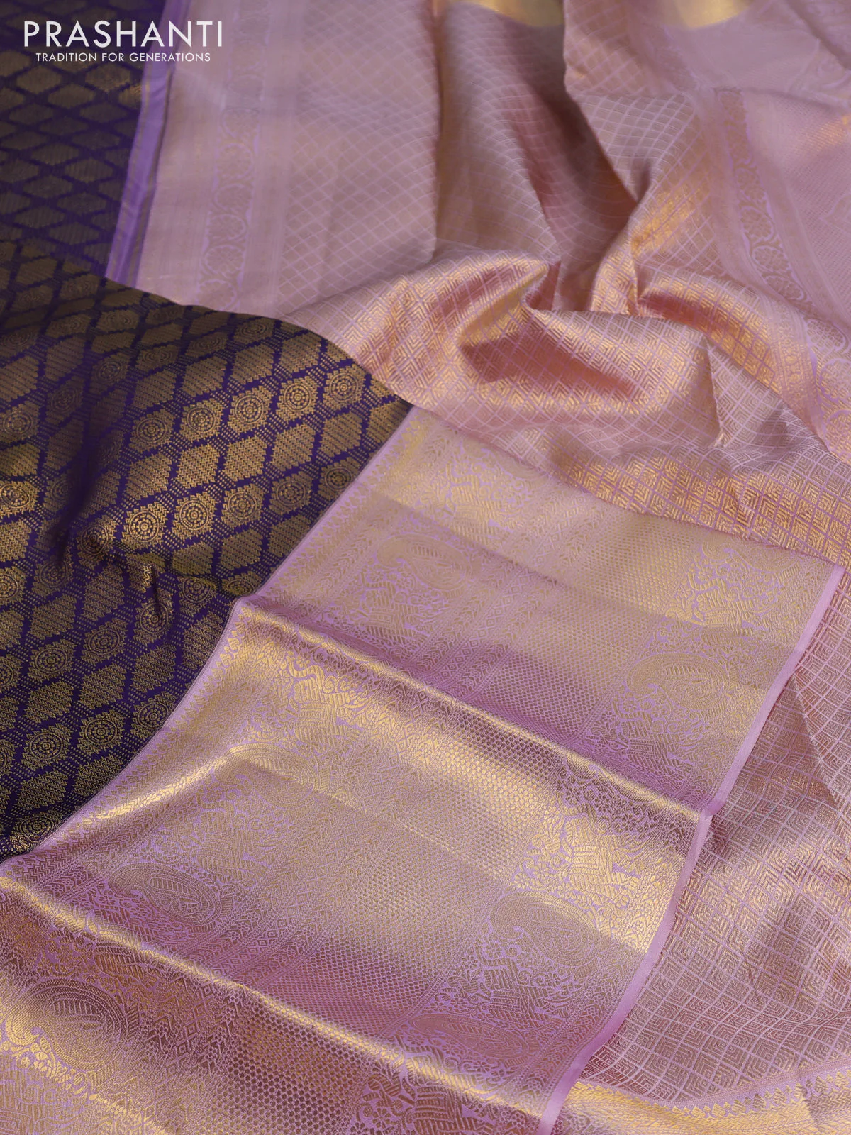 Pure kanchipuram silk saree blue and pastel lavender with allover zari woven brocade weaves and long zari woven border - Image 3