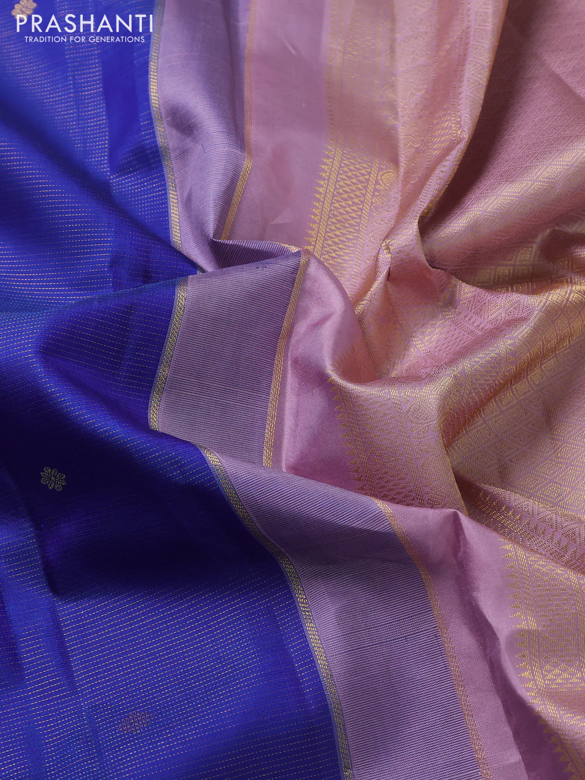 Pure kanchipuram silk saree blue and pastel pink with allover zari weaves & buttas and zari woven korvai border - Image 3