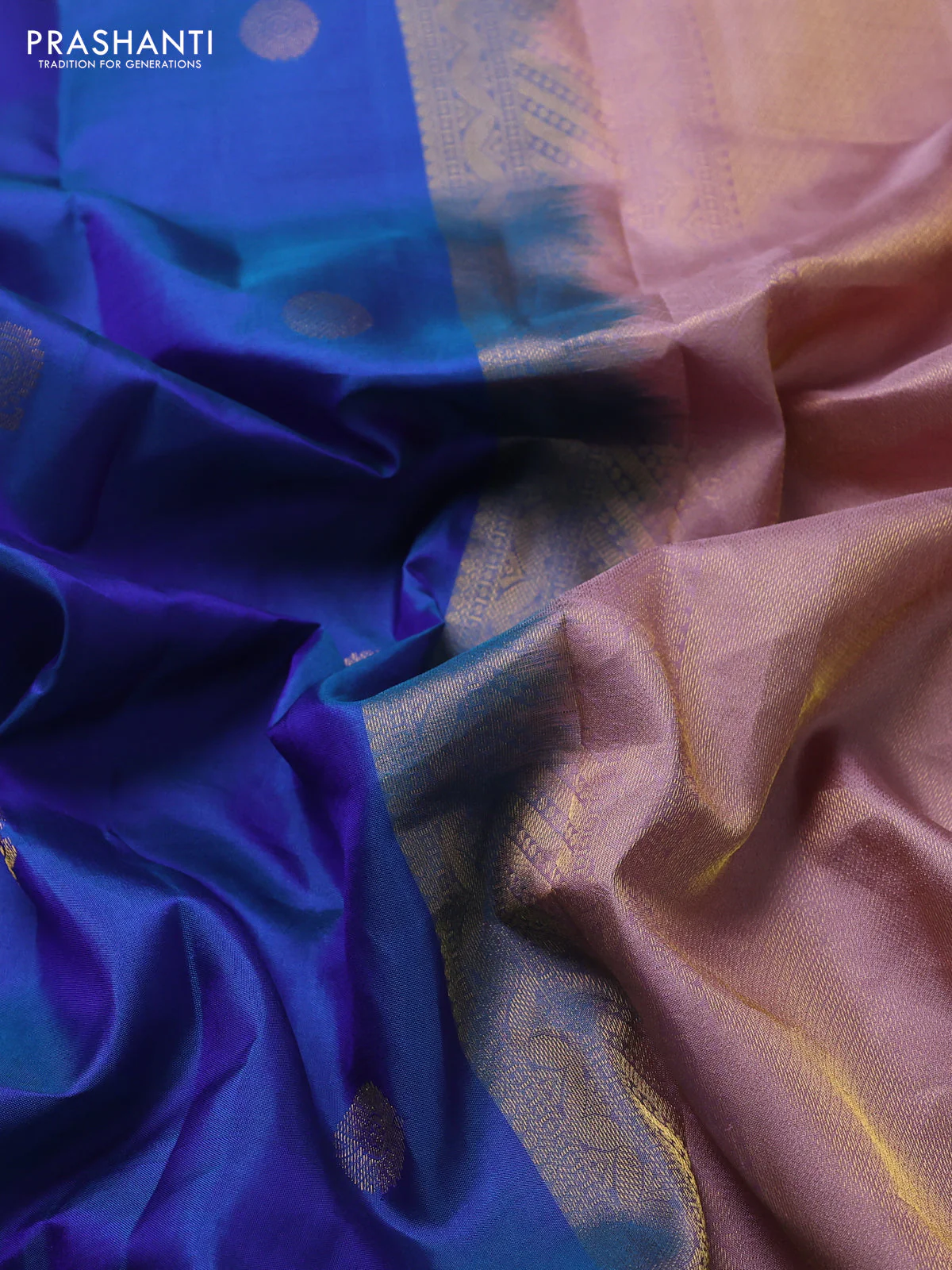 Pure kanchipuram silk saree blue and pastel pink with zari woven buttas and rich zari woven korvai border - Image 3