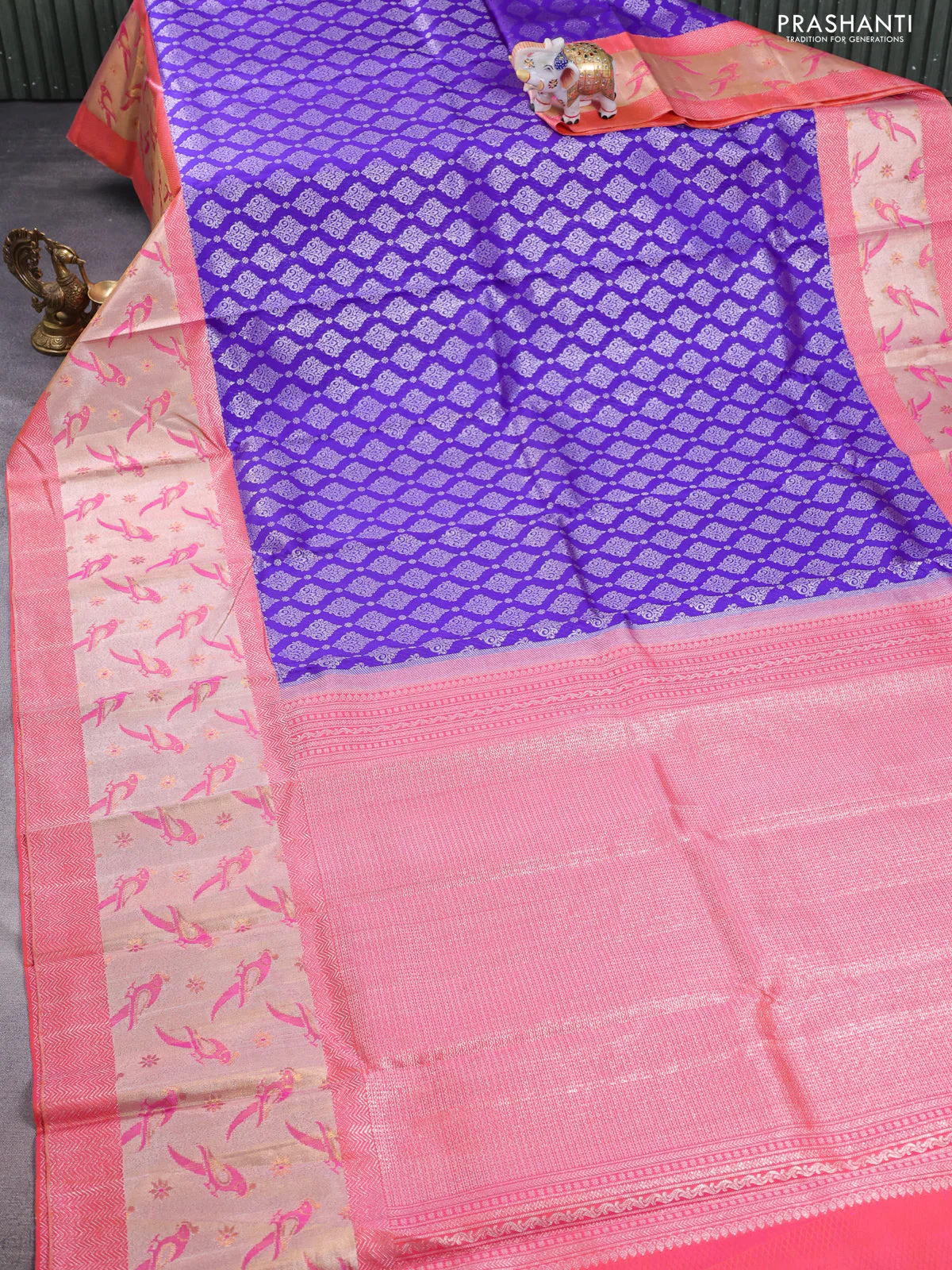 Pure kanchipuram silk saree BLUE and peach pink with allover silver zari brocade weaves and long rich zari woven border - Image 2