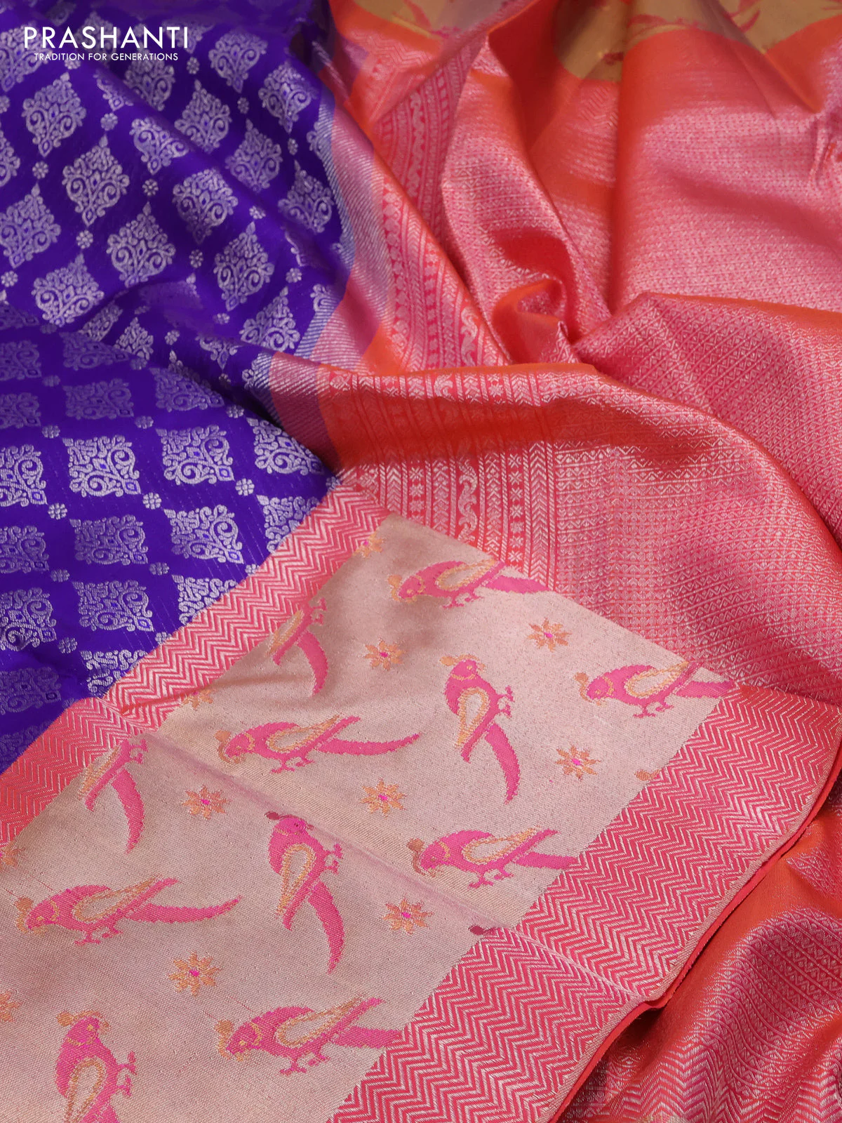 Pure kanchipuram silk saree BLUE and peach pink with allover silver zari brocade weaves and long rich zari woven border - Image 3
