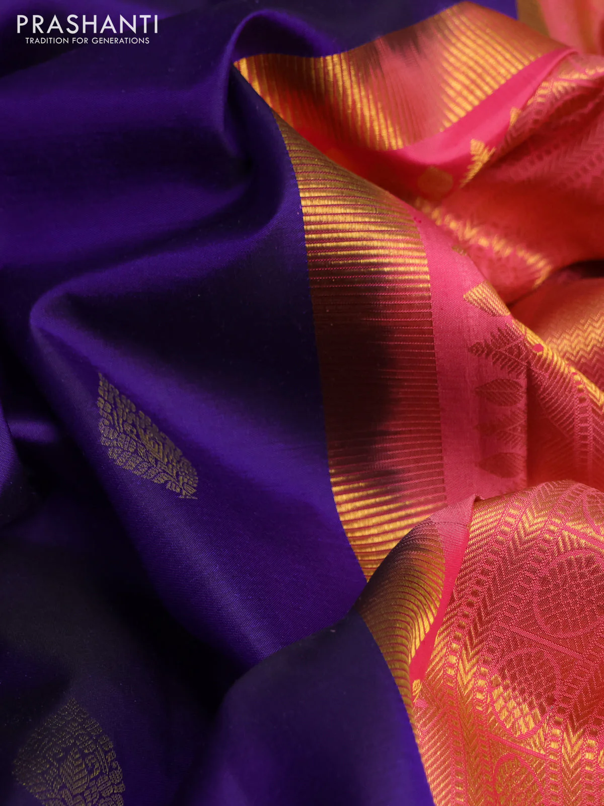 Pure kanchipuram silk saree blue and peach shade with zari woven buttas and zari woven border - Image 3