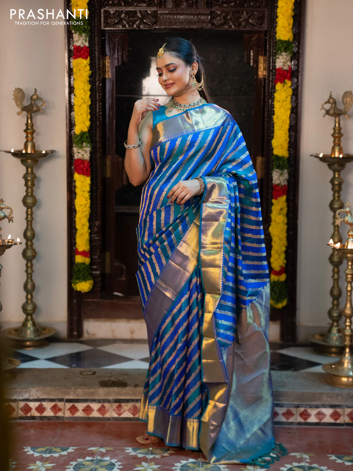 Pure kanchipuram silk saree blue and peacock blue with allover zari woven stripes pattern and zari woven border - Image 3