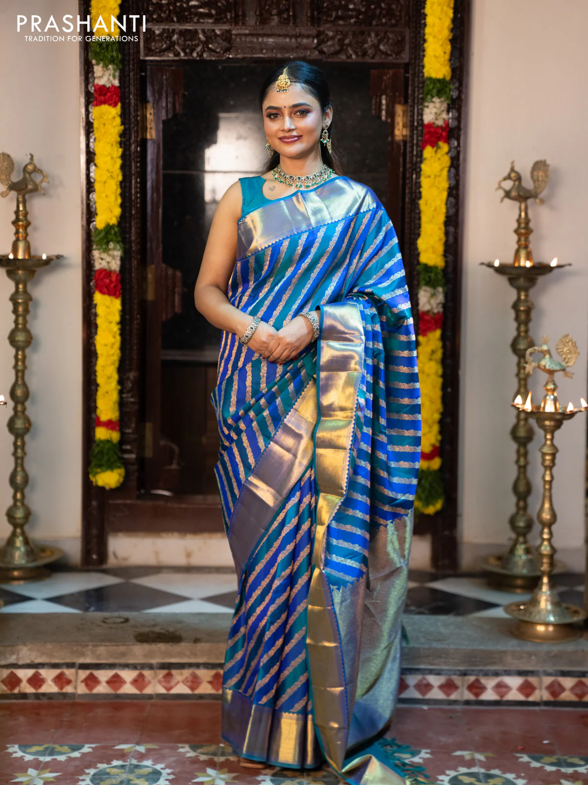 Pure kanchipuram silk saree blue and peacock blue with allover zari woven stripes pattern and zari woven border - Image 4
