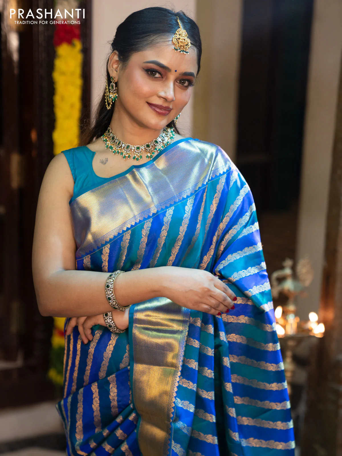 Pure kanchipuram silk saree blue and peacock blue with allover zari woven stripes pattern and zari woven border - Image 5