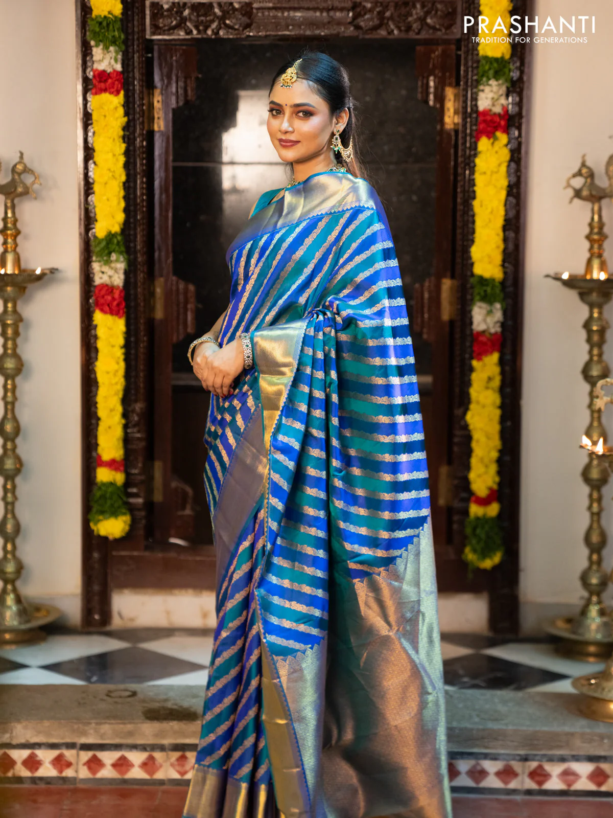 Pure kanchipuram silk saree blue and peacock blue with allover zari woven stripes pattern and zari woven border - Image 6