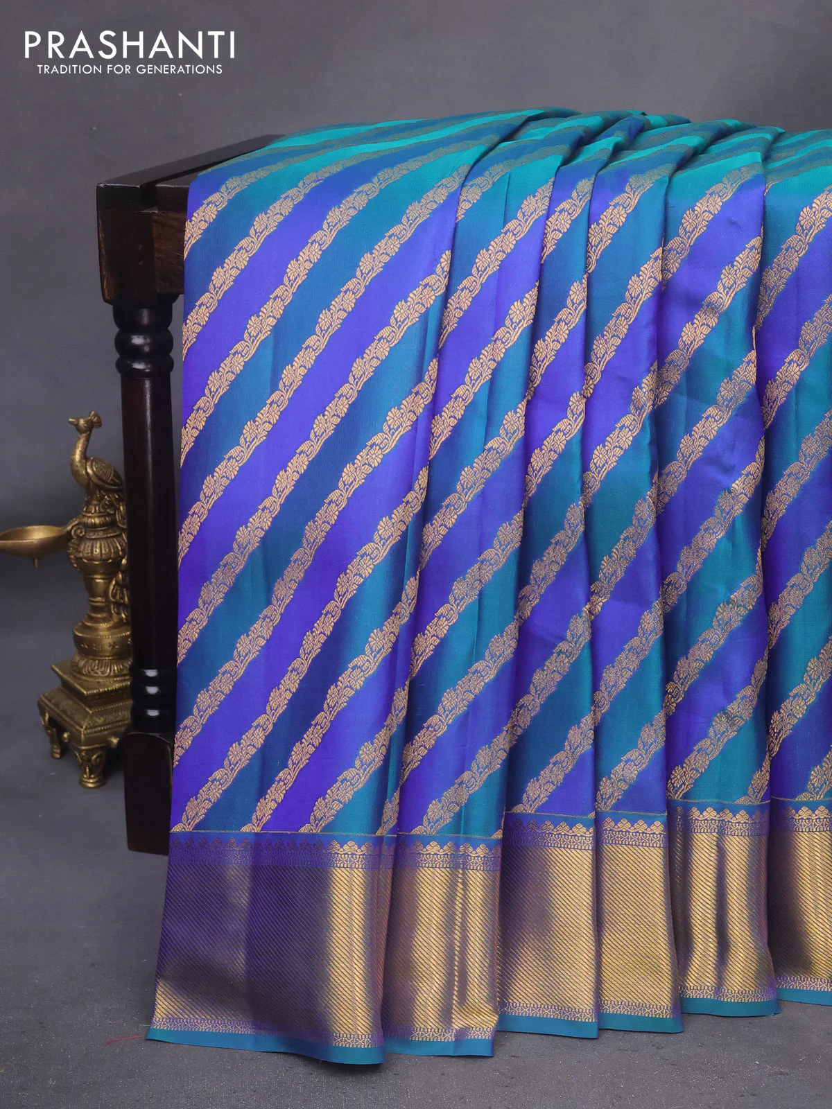 Pure kanchipuram silk saree blue and peacock blue with allover zari woven stripes pattern and zari woven border - Image 7