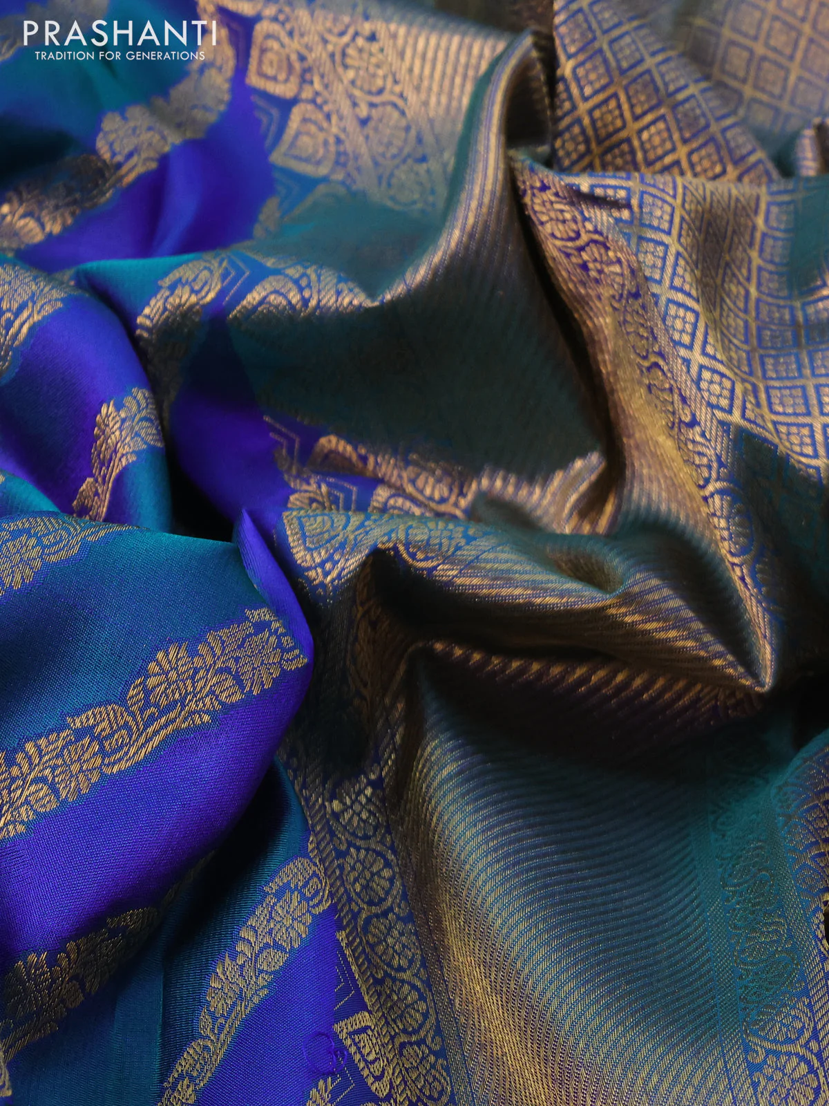 Pure kanchipuram silk saree blue and peacock blue with allover zari woven stripes pattern and zari woven border - Image 9
