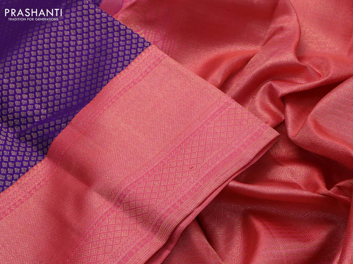 Pure kanchipuram silk saree blue and pink with allover zari woven brocade weaves and zari woven border - Image 3