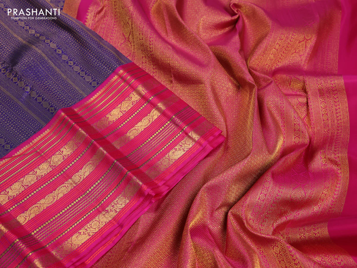 Pure kanchipuram silk saree blue and pink with allover zari woven brocade weaves and zari woven korvai border - Image 3