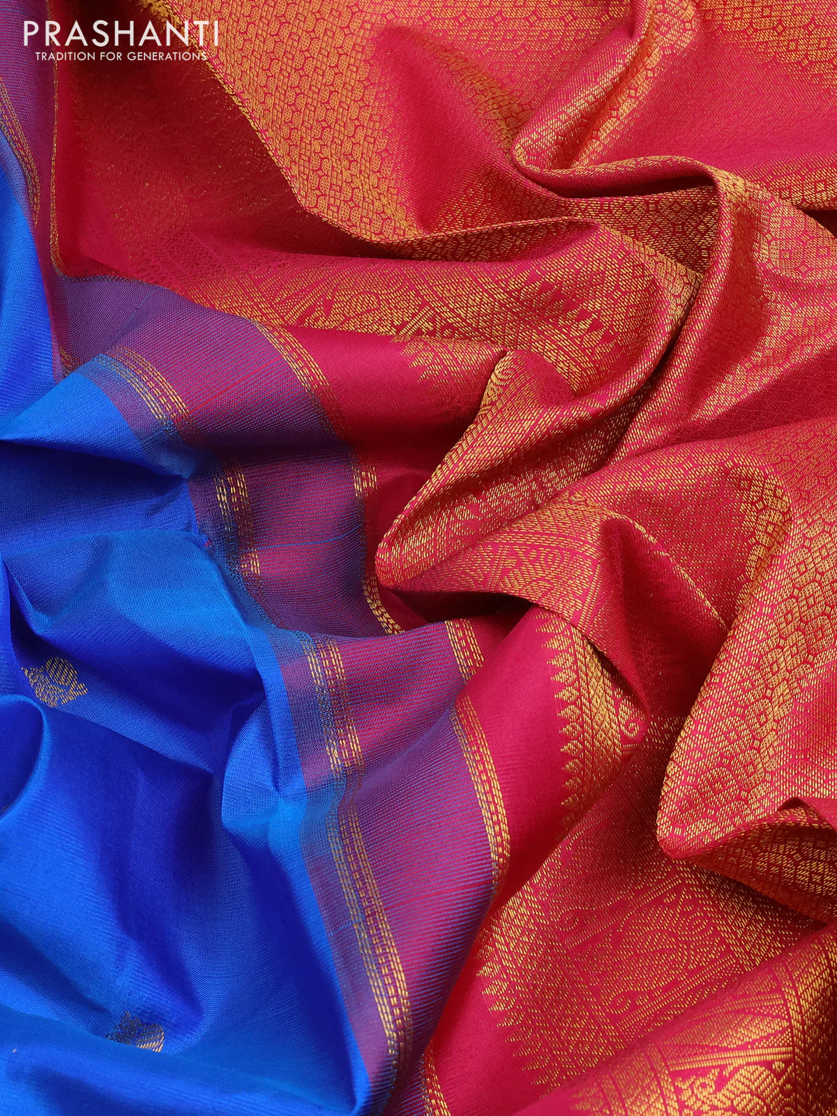 Pure kanchipuram silk saree blue and pink with annam zari woven buttas and temple design zari woven border - Image 3