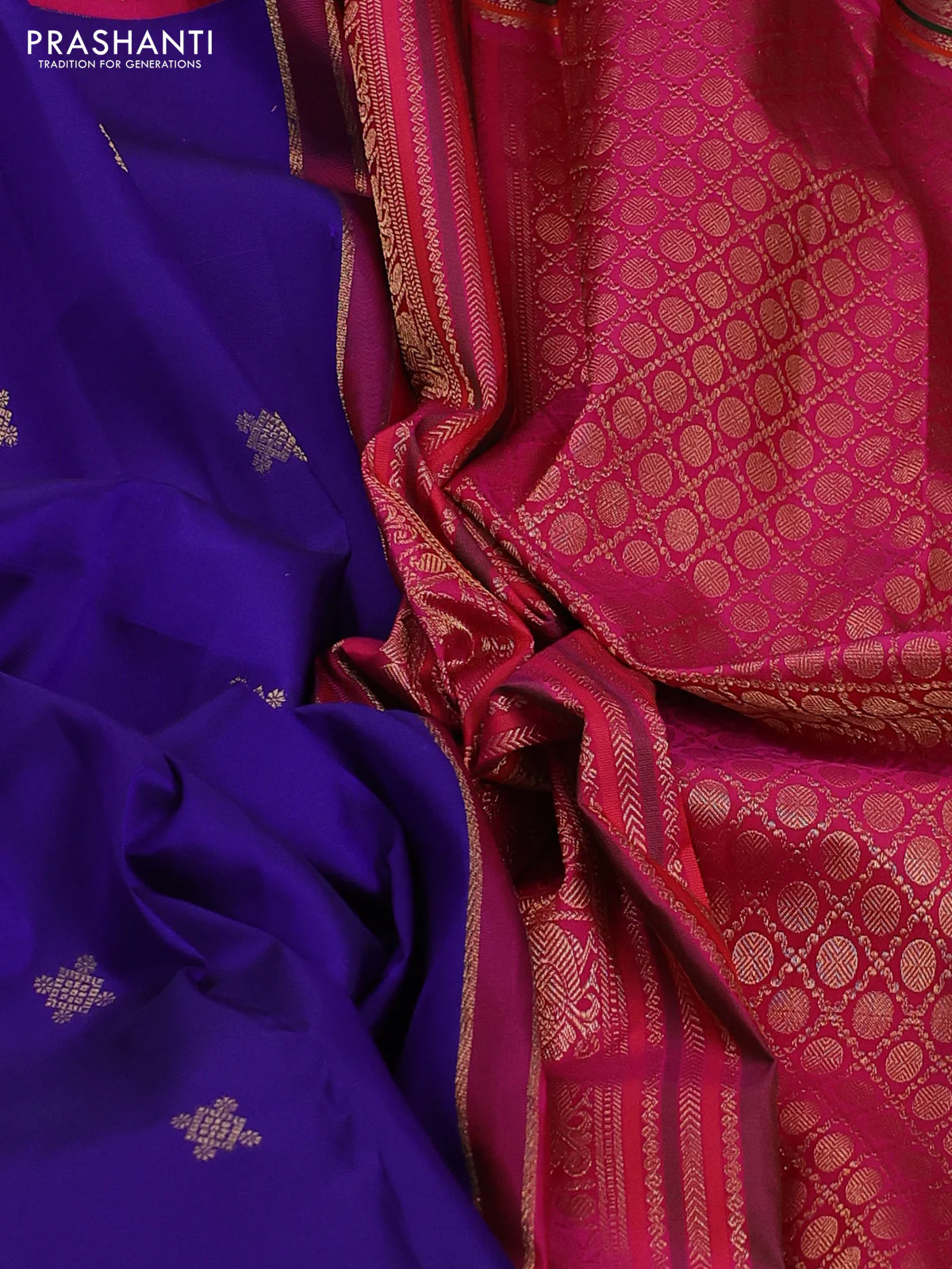 Pure kanchipuram silk saree blue and pink with zari woven buttas and long zari woven korvai border - Image 3