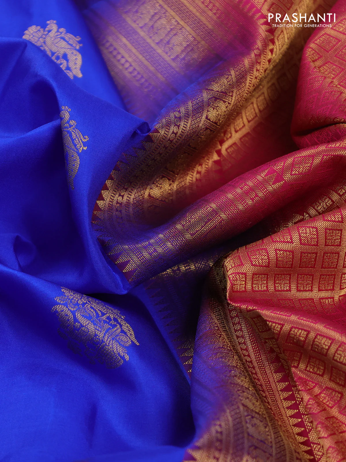 Pure kanchipuram silk saree blue and pink with zari woven buttas and rich zari woven korvai border - Image 3