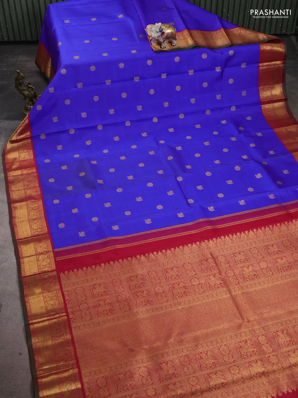 Pure kanchipuram silk saree blue and red with annam & rudhraksha zari woven buttas and rich zari woven korvai border - Image 2