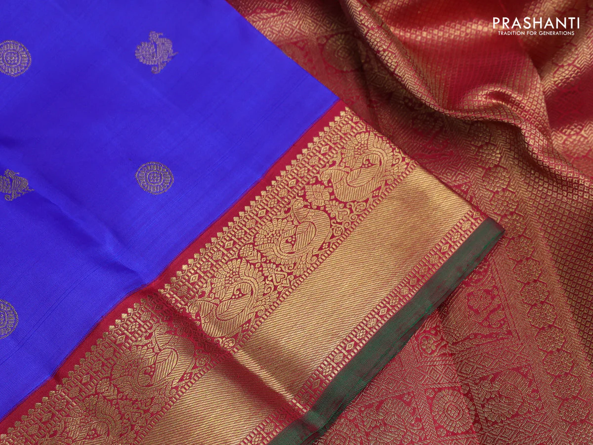 Pure kanchipuram silk saree blue and red with annam & rudhraksha zari woven buttas and rich zari woven korvai border - Image 3