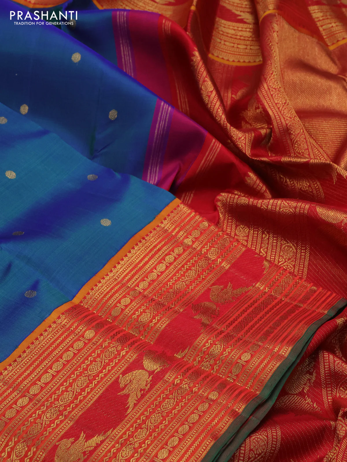 Pure kanchipuram silk saree blue and red with zari woven buttas and zari woven border - Image 3