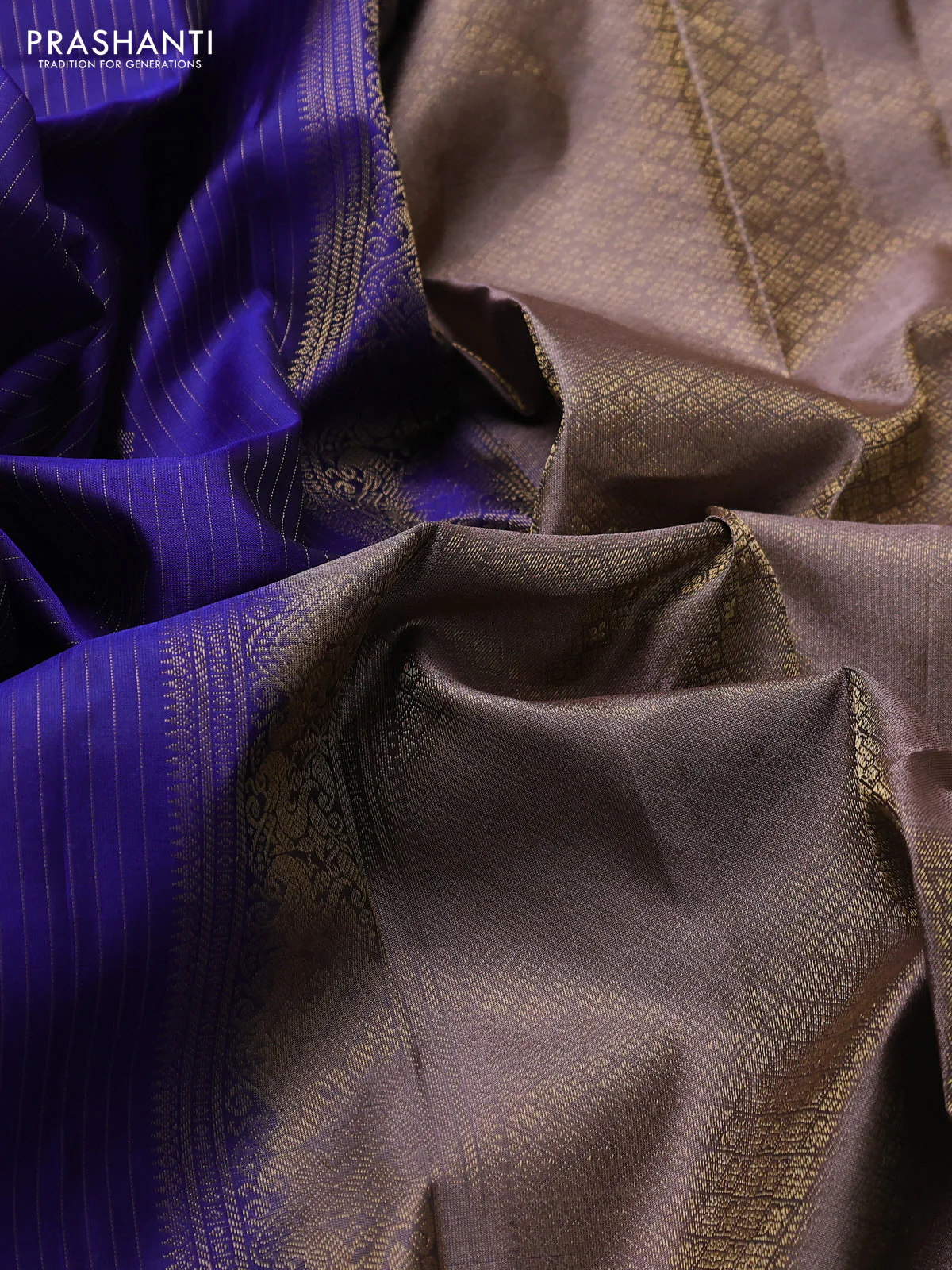 Pure kanchipuram silk saree blue and rosy brown with zari weaves & buttas and zari woven border - Image 3