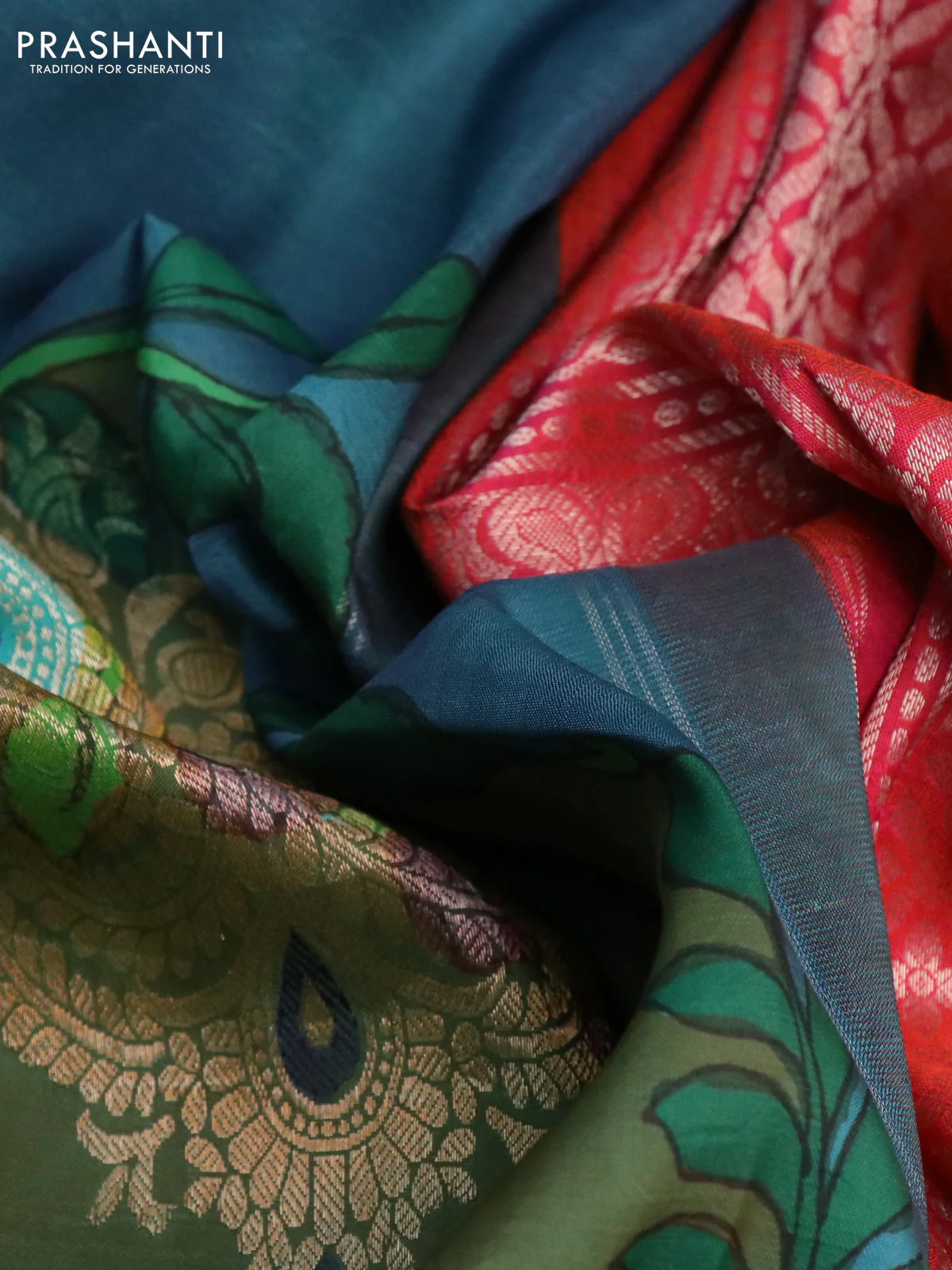 Pure kanchipuram silk saree blue shade and dual shade of pinkish orange with allover pen kalamkari prints in borderless style - Image 3