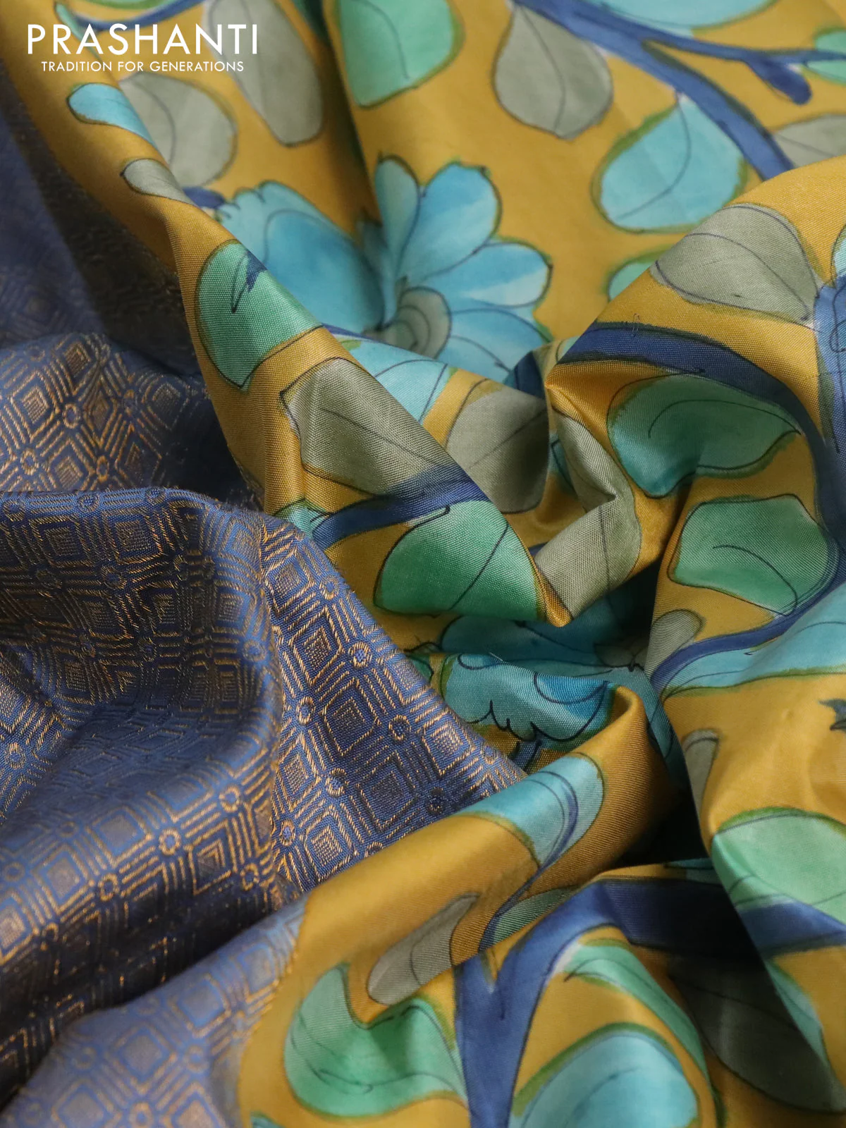 Pure kanchipuram silk saree blue shade and mustard yellow with allover zari woven geometric brocade weaves and kalamkari printed pallu & border - Image 3