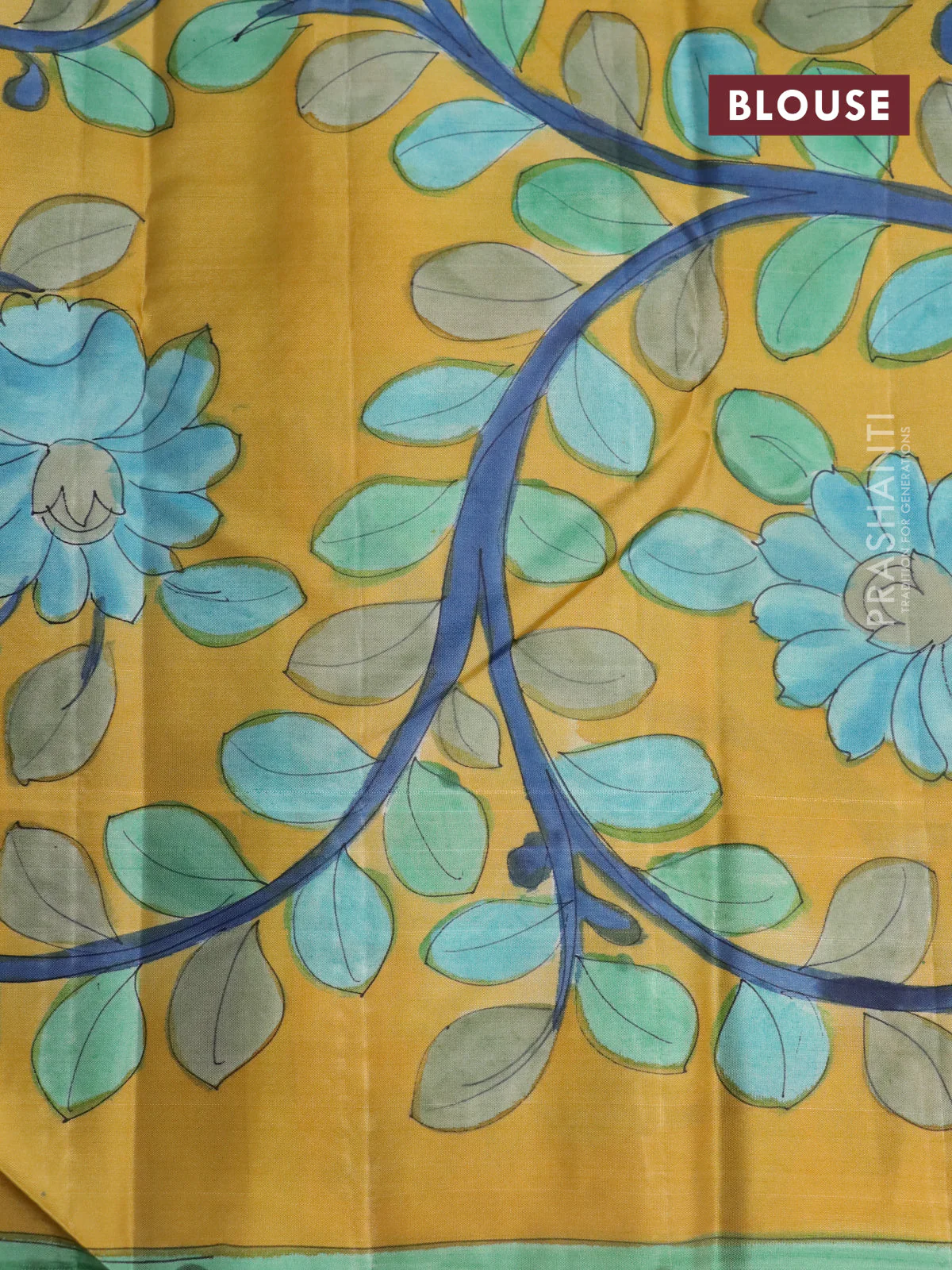 Pure kanchipuram silk saree blue shade and mustard yellow with allover zari woven geometric brocade weaves and kalamkari printed pallu & border - Image 4