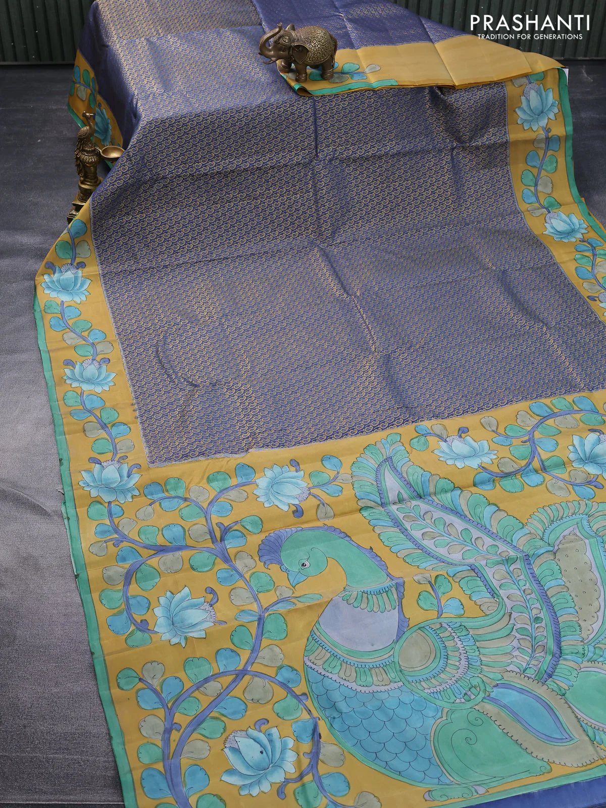 Pure kanchipuram silk saree blue shade and mustard yellow with allover zari woven paisley brocade weaves and kalamkari printed pallu & border - Image 2