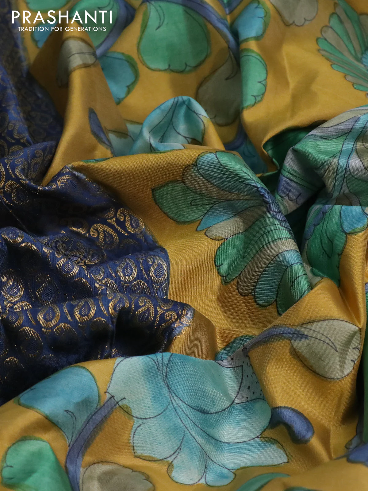Pure kanchipuram silk saree blue shade and mustard yellow with allover zari woven paisley brocade weaves and kalamkari printed pallu & border - Image 3